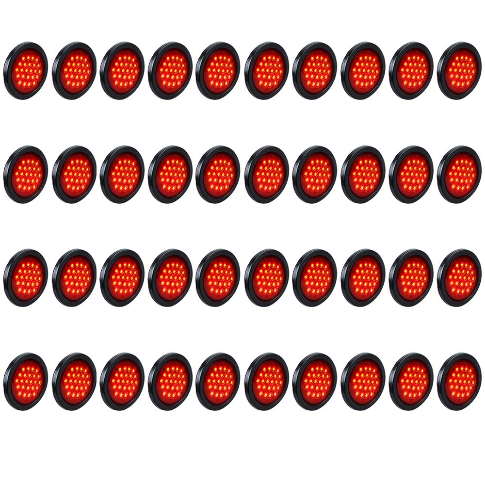 (40X) 4 Inch Round 24-LED RED Running Brake Stop Tail Lights w/Grommet Wiring Plug For Car Truck Trailer RV DC 12V