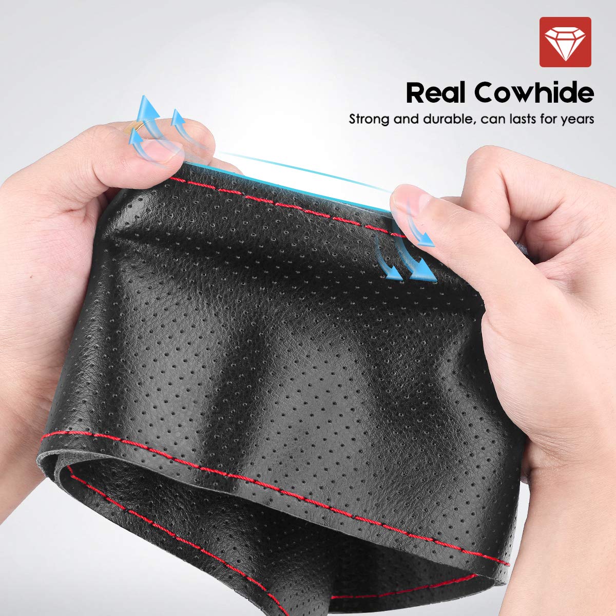 Belinous Universal Leather Car Steering Wheel Cover, Stitch On Wrap (Size L4, Brown)