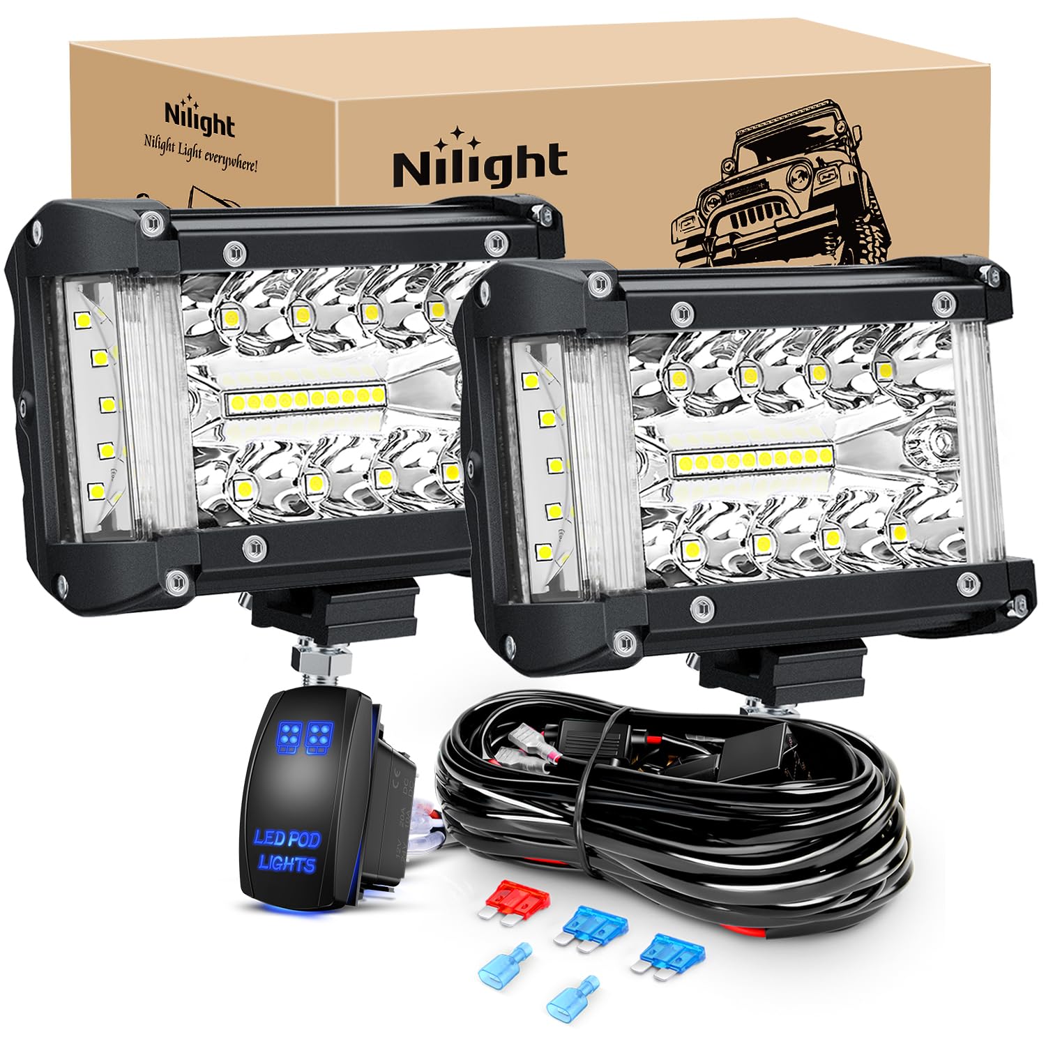 Nilight Side Shooter Led Light Bar 2Pcs 4.3 Inch Triple Row Spot Flood Combo Lights Led Work Light With 5Pin Rocker Switch Wirin