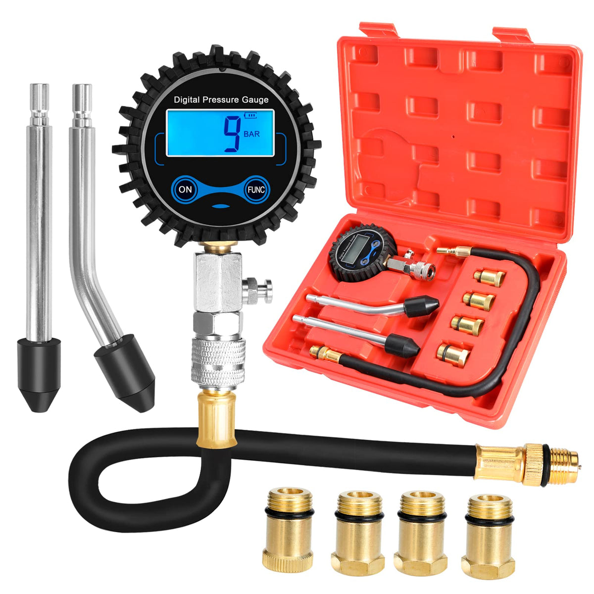 Betooll 8Pcs Compression Tester Automotive - Digital Compression Gauge 0-300Psi For Petrol Engine Cylinder Compression Test Tool