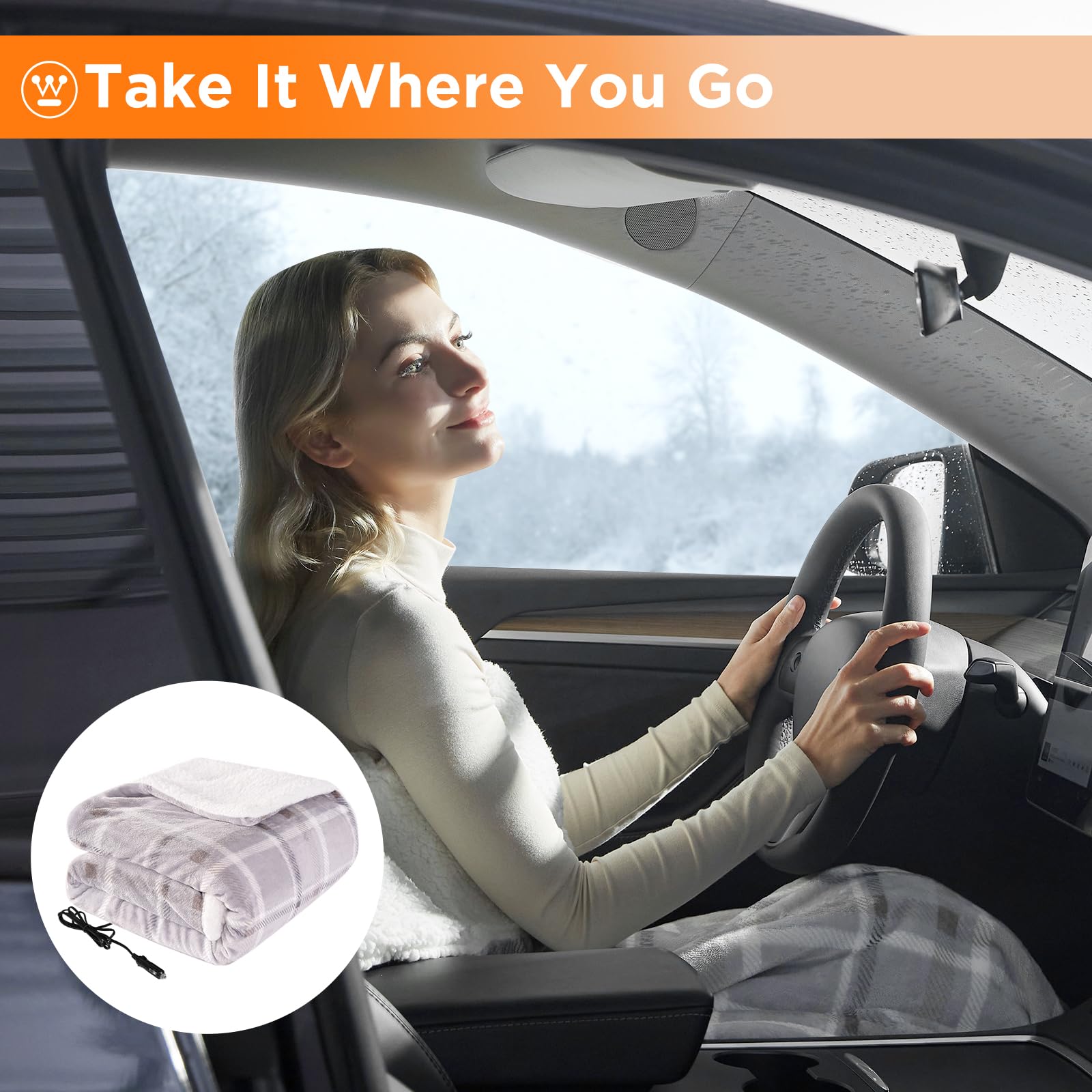Westinghouse Heated Car Blanket, 12-Volt Electric Blanket for Car, Truck, SUV, RV, Portable Heated Throw for Camping, Beige Buff