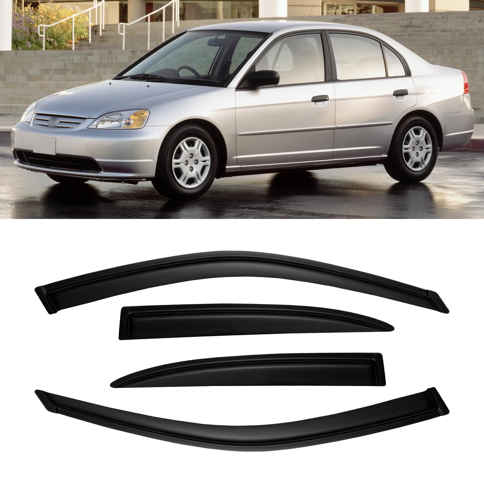 Cmvt Auto Window Visors For Honda Civic 2001-2005 4-Door Sedan, Outside-Mount Rain Guards Shields Vent Shade Deflector Dark Smok