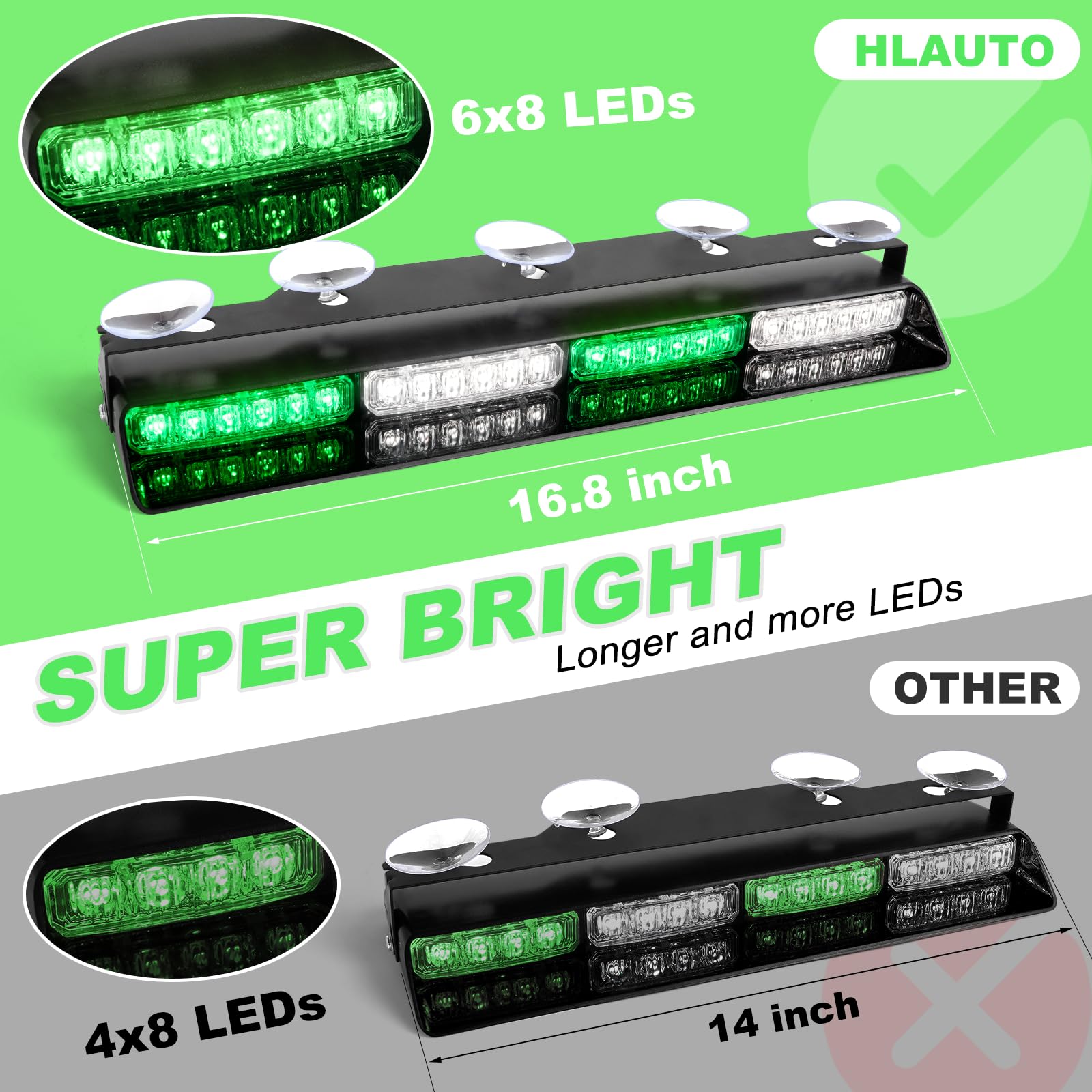 Hlauto 6Z4J Emergency Dash Strobe Lights: 2X16.8 Inch Green White Safety Lights, 48 Led Flashing Warning Hazard Interior Windshi