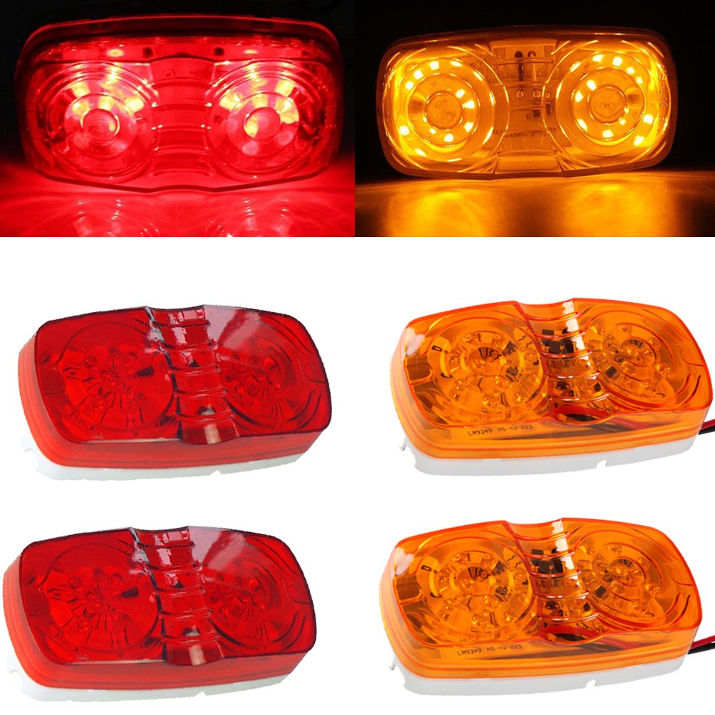 New Sun 4 Pcs Amber & Red 10 Led Trailer Side Marker Light, Bullseye/Tiger Eye/Double Bubble Clearance Light, 12V 4X2 Rectangula