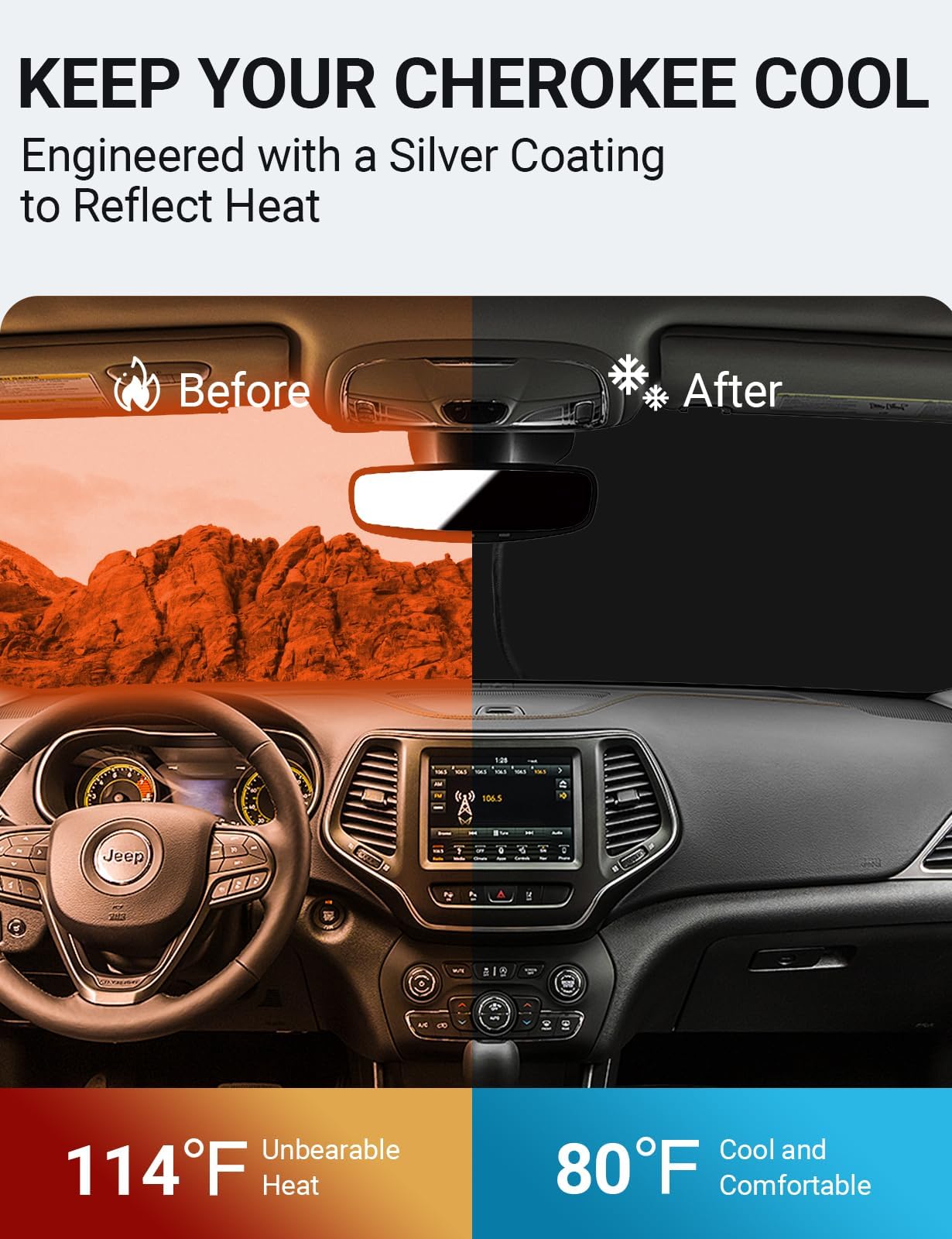 Proadsy 2025 Upgrade Front Windshield Sun Shade Foldable Sunshade Protector Custom For Jeep Cherokee 2014-2024 2025 (Not For Jeep Grand Cherokee) Accessories