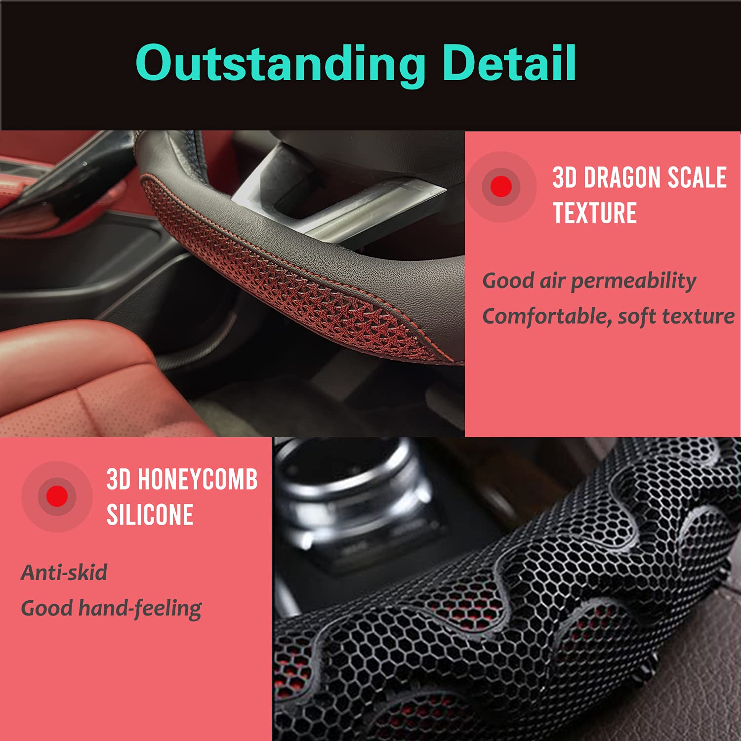 Pinctrot D Shaped 14 Inch Small Sized Steering Wheel Cover Great Grip With 3D Honeycomb Anti-Slip Design, Flat Bottom 14 Inch (Wine Red)