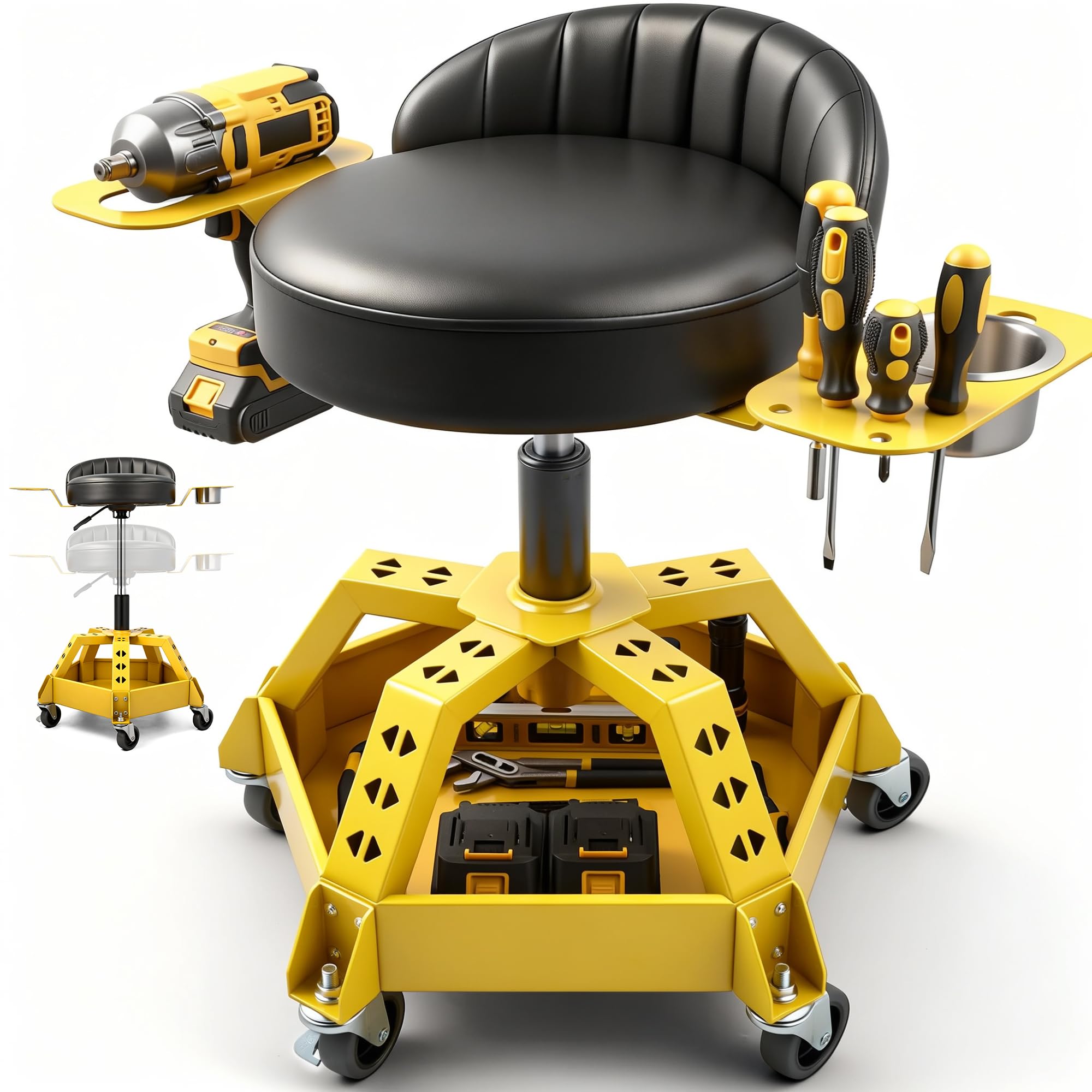 Rolling Shop Stool with Wheels, Garage Mechanic Stool with Backrest, Metal Heavy Duty Roller Mechanic Chair with Tool Tray, 5-Wh