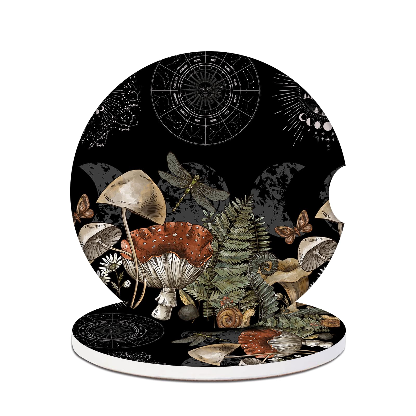 Magic Forest Mushroom Car Cup Holder Coaster - Moon Phase Absorbent Ceramic Coaster, Car Coasters for Cup Holders, Auto Accessor