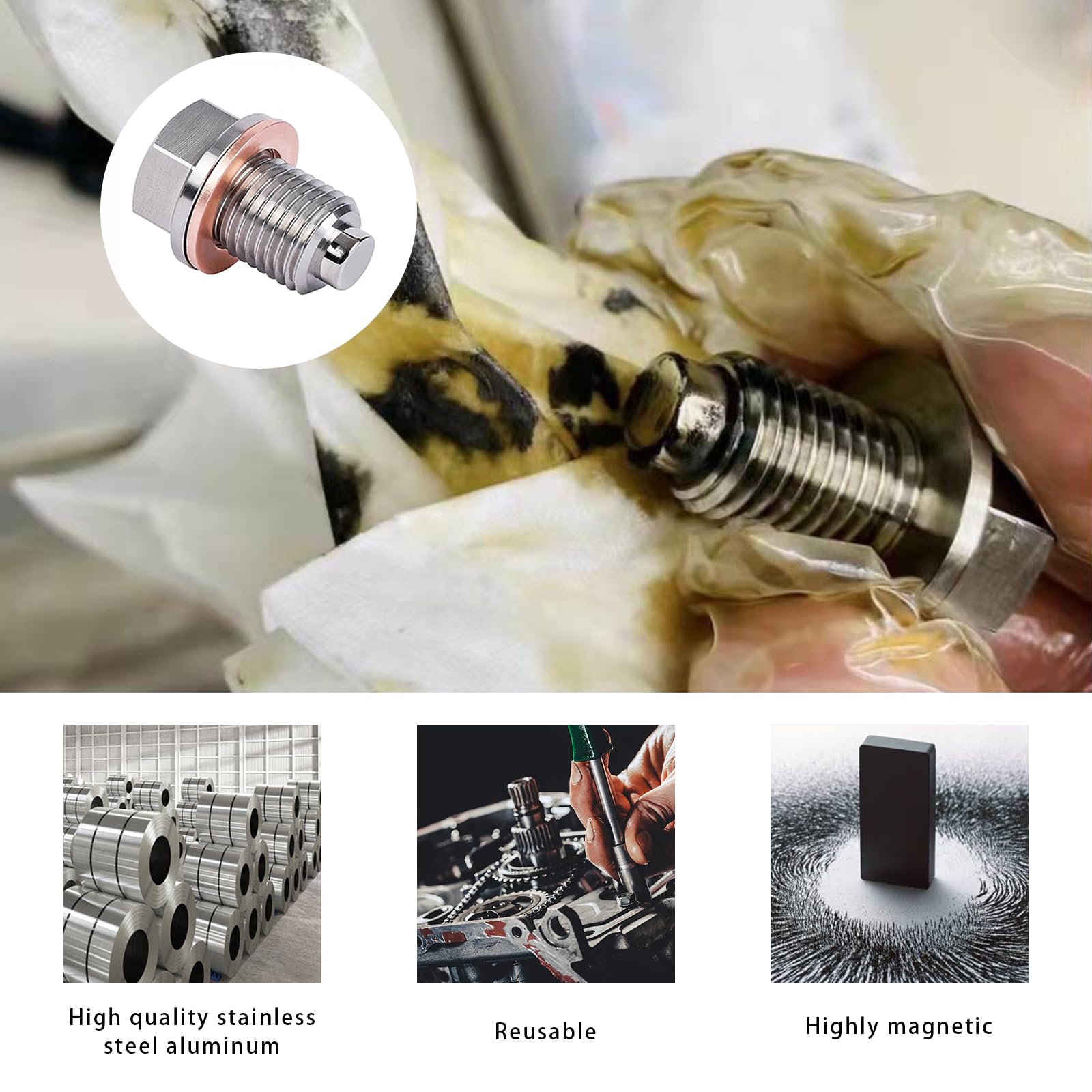 Povtii M12 X 1.25 Magnetic Oil Drain Plug, Stainless Steel Sump Drain Nut Bolt With 5 Crush Washer Gaskets, Leak-Proof Oil Drain