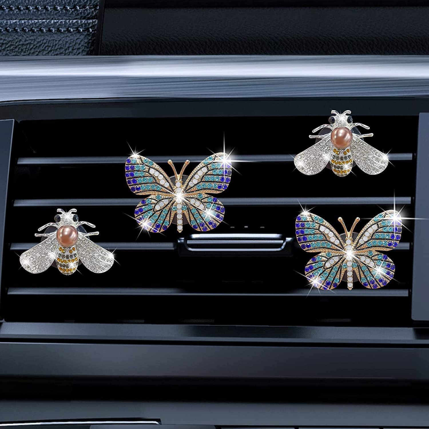 Bling Butterfly Air Vent Clips, 4 Pcs Crystal Bee Car Fresheners, Diffuser Vent Clip, Diamond Decoration, Cute Interior Decor, B
