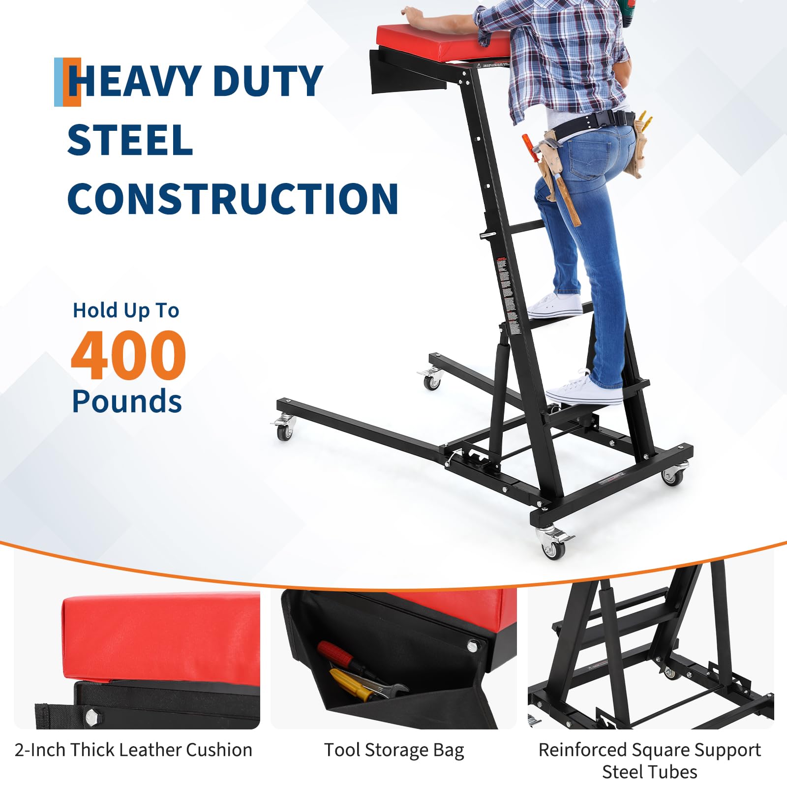 GarveeTech Foldable Topside Automotive Creeper, 45.7-66.3 Adjustable Height 400lbs Capacity Engine Creeper with Padded Deck