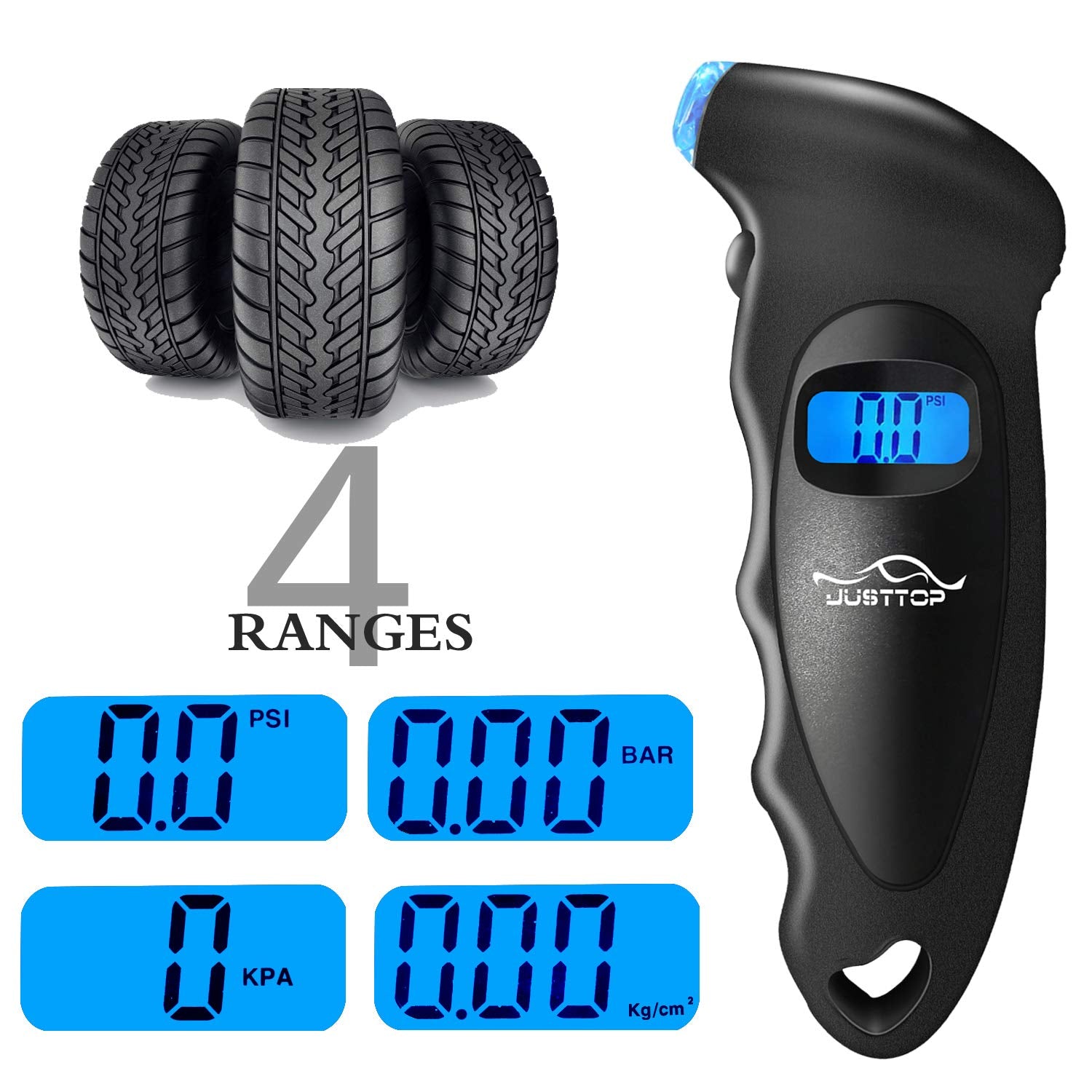 Justtop 2 Pack Digital Tire Pressure Gauge, 150Psi 4 Setting For Cars, Trucks And Bicycles, Backlit Lcd And Anti-Skid Grip For Easy And Accurate Reading(Black)