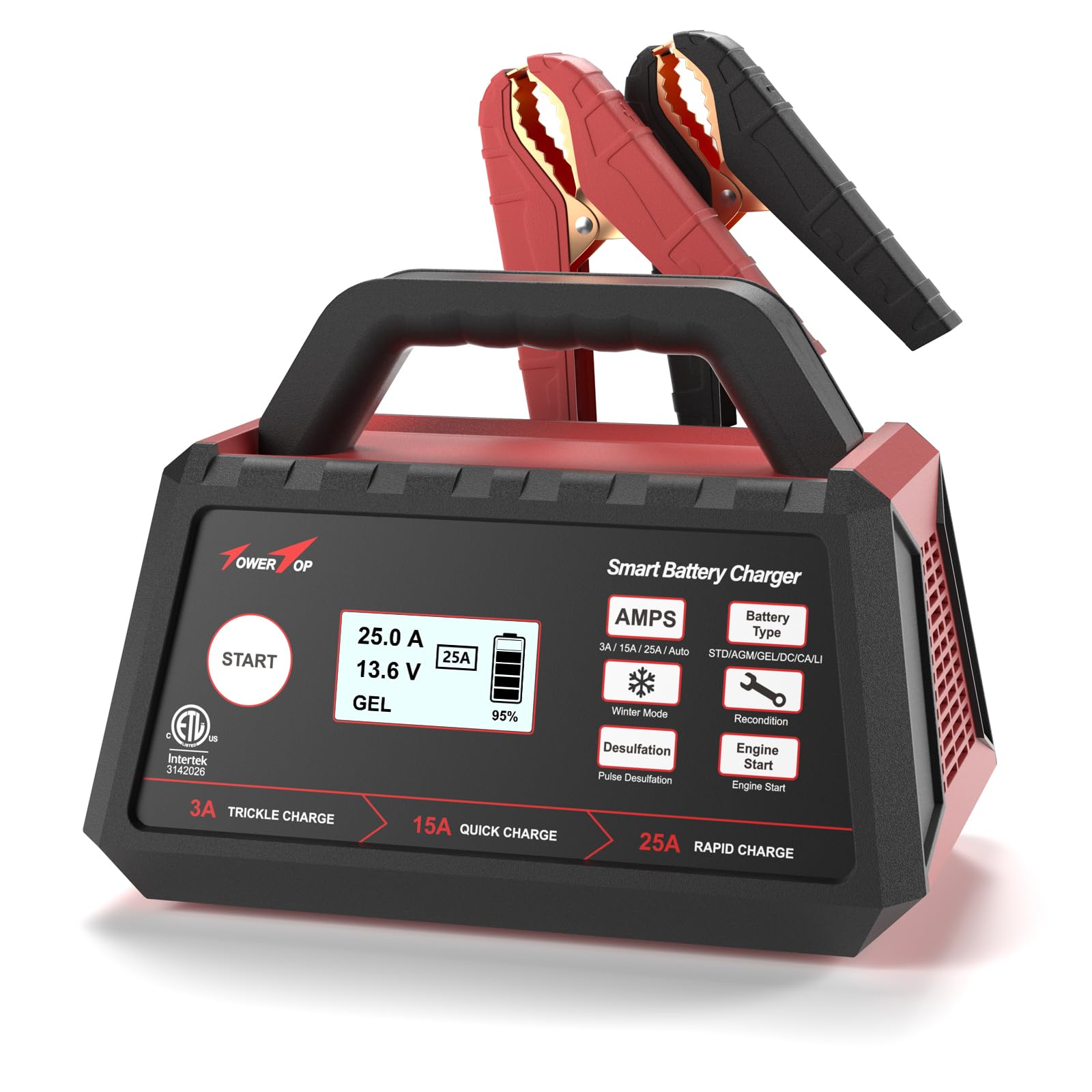 Towertop 3/15/25 Amp Car Battery Charger, 12V Fully Automatic Smart Battery Maintainer With Engine Start, Auto Desulfator, Battery Repair, For All Lead-Acid And Lifepo4 Batteries