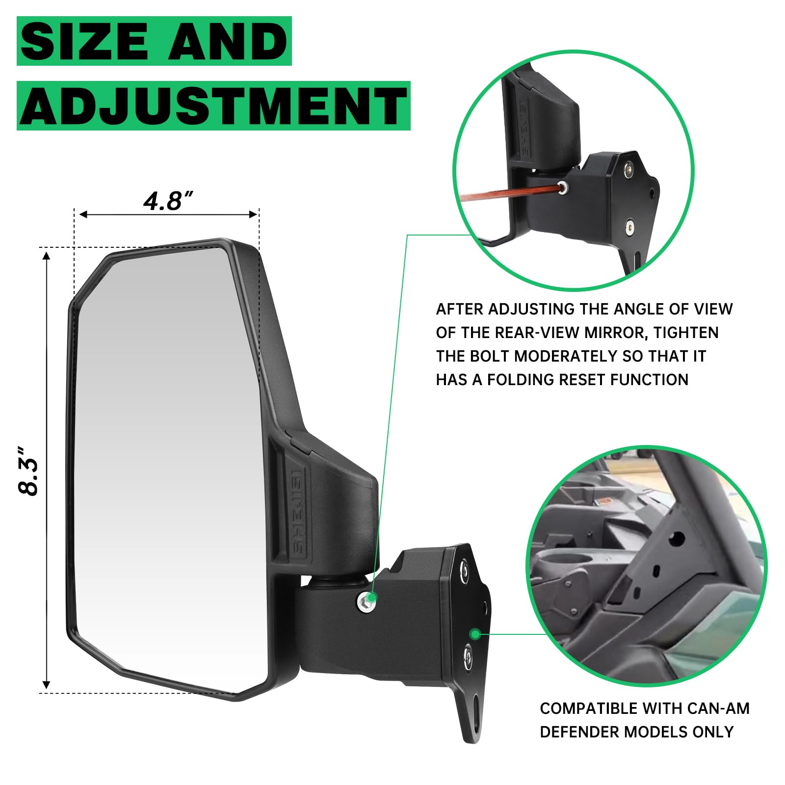 Shejisi Defender Side Mirrors,The Spring Back Feature Allows Easy Reset After Fold,2024 New Utv Mirrors Compatible With Can Am D