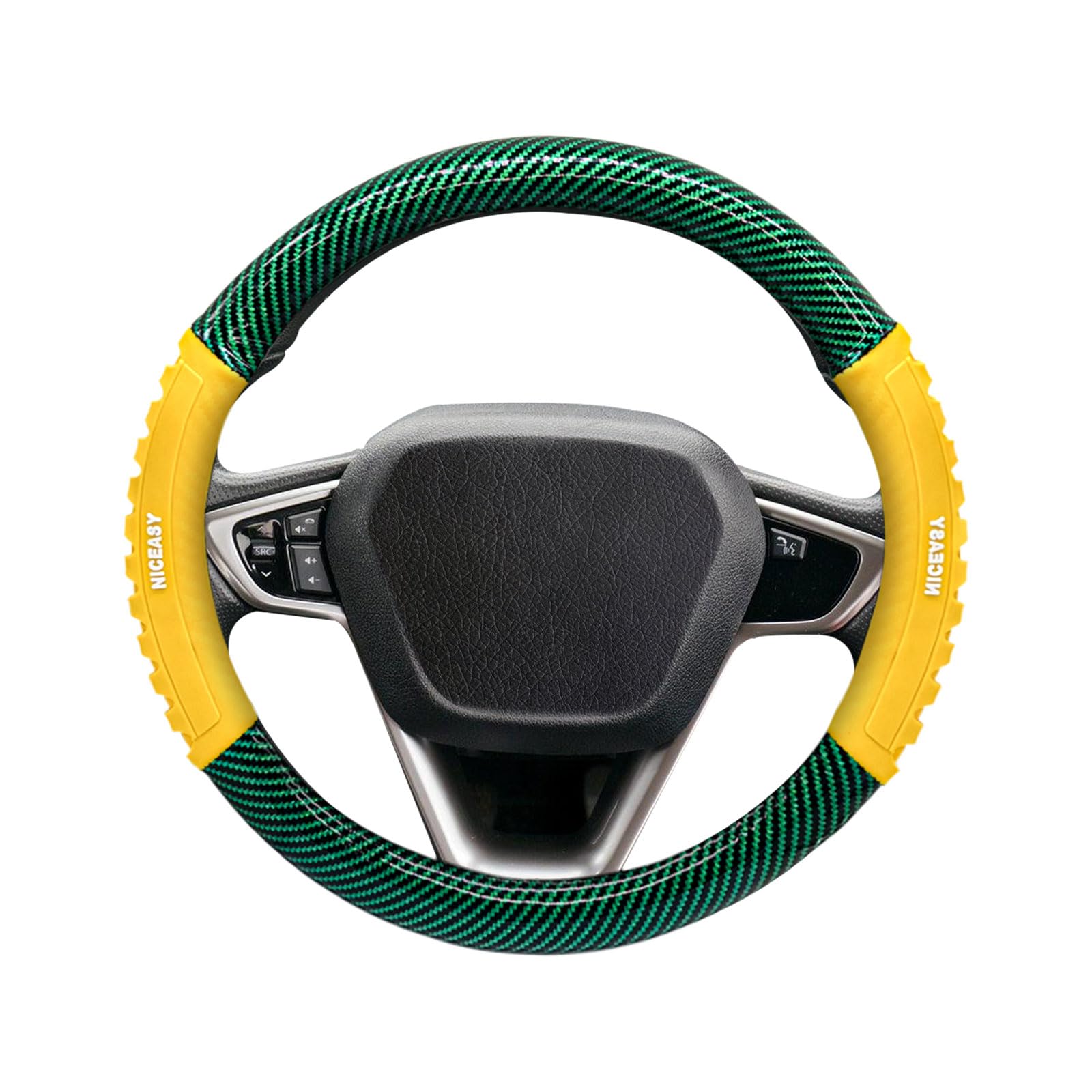 NICEASY Sport Style Green PU Leather Steering Wheel Cover with Yellow Sport Grip Anti-Slip Breathable Steering Wheel Accessory U