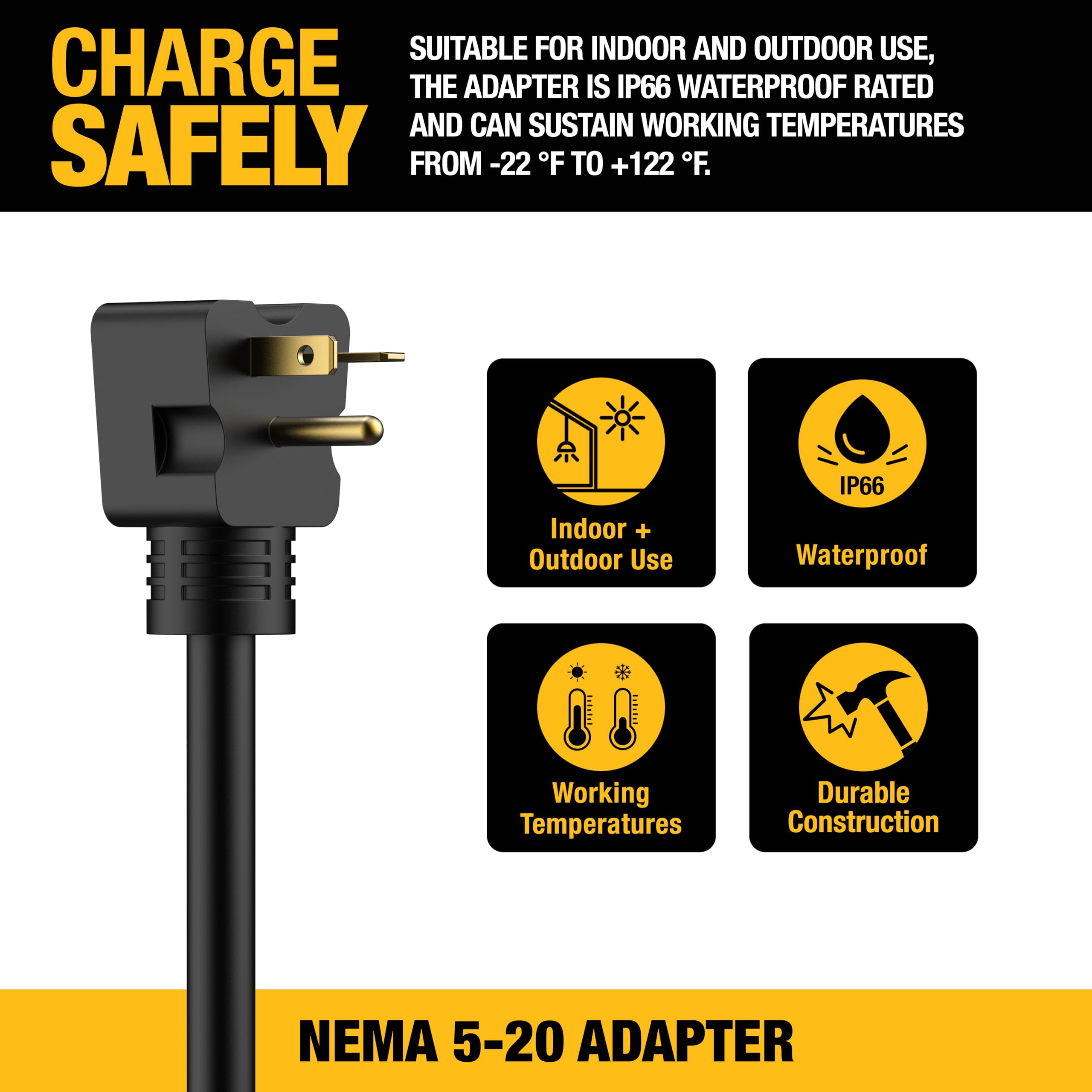 DEWALT NEMA 5-20 Adapter, 16A/120V, Compatible 32 Amp Portable EV Charger, High Power Connector, Easy to Connect, No Tools Requi