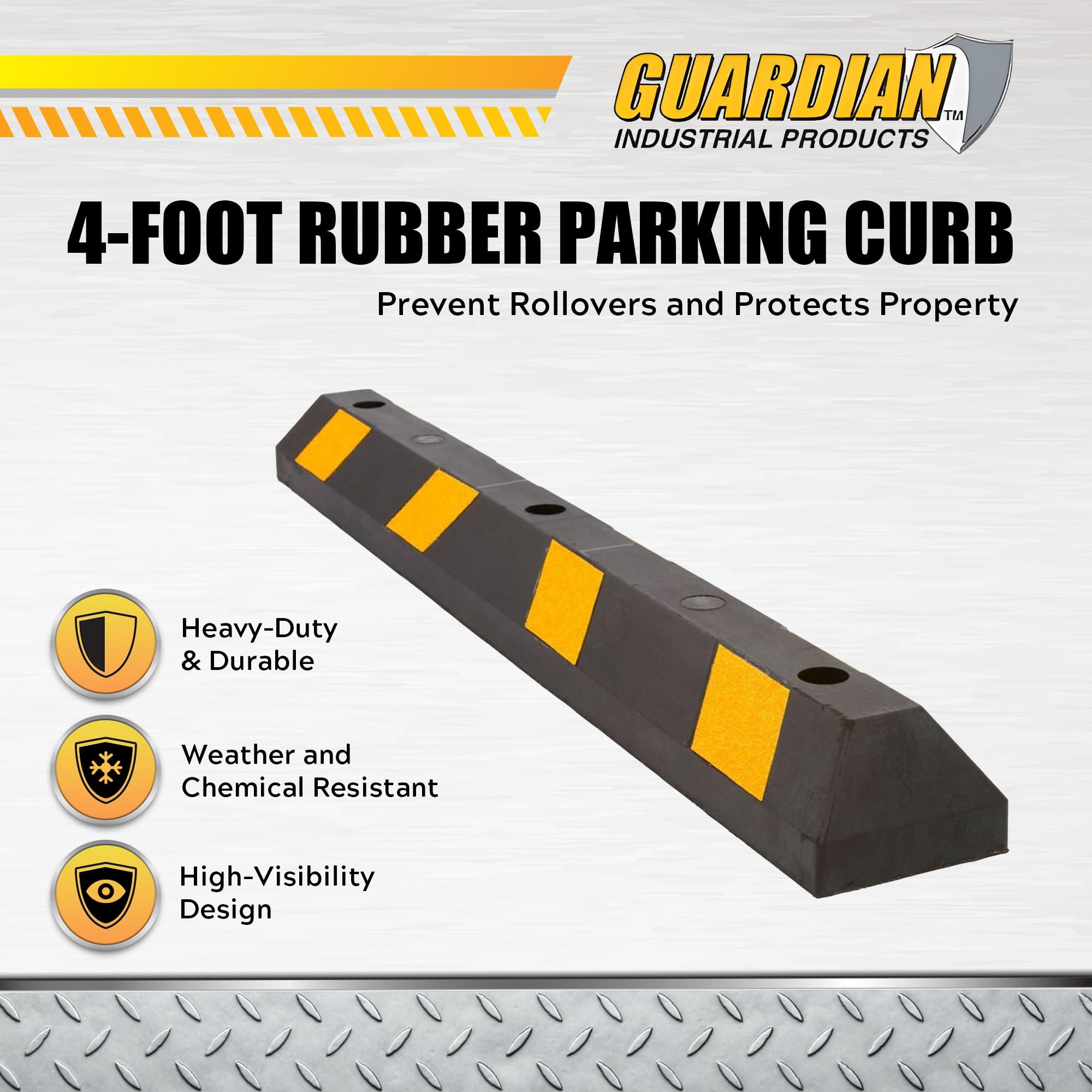 Guardian 4' Rubber Parking Curb With Mounting Holes Hi-Vis Yellow Uv-Resistant For Paved, Gravel Parking Lot 4'' H