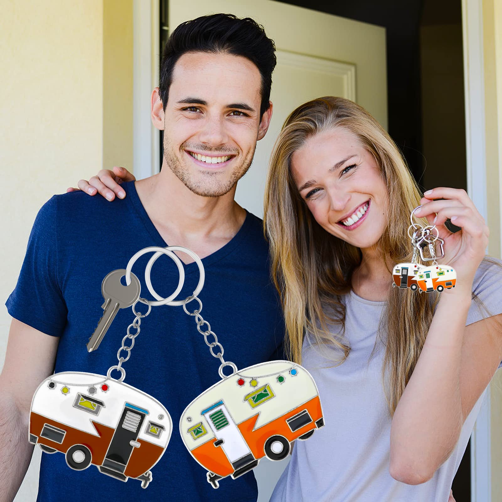 2 Pieces Camper Keychain, Rv Camper Keyring Camper Accessories For Travel Trailers Retro Camping Car Keychain (Yellow+Brown)