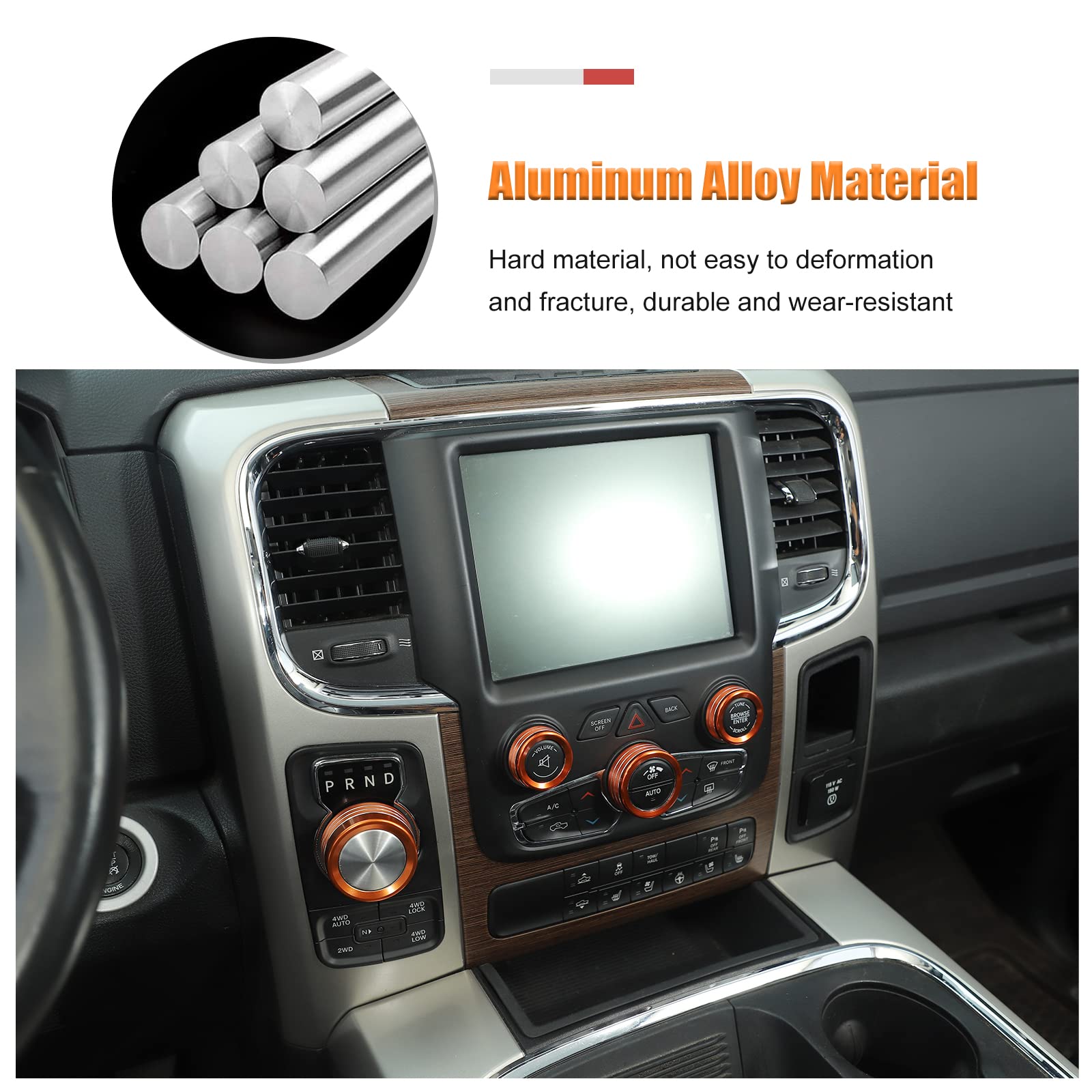 Voodonala for Dodge RAM Air Conditioner Headlight Switch CD Knob Trim for 2013-2017 Dodge RAM Aluminum 5pcs Orange