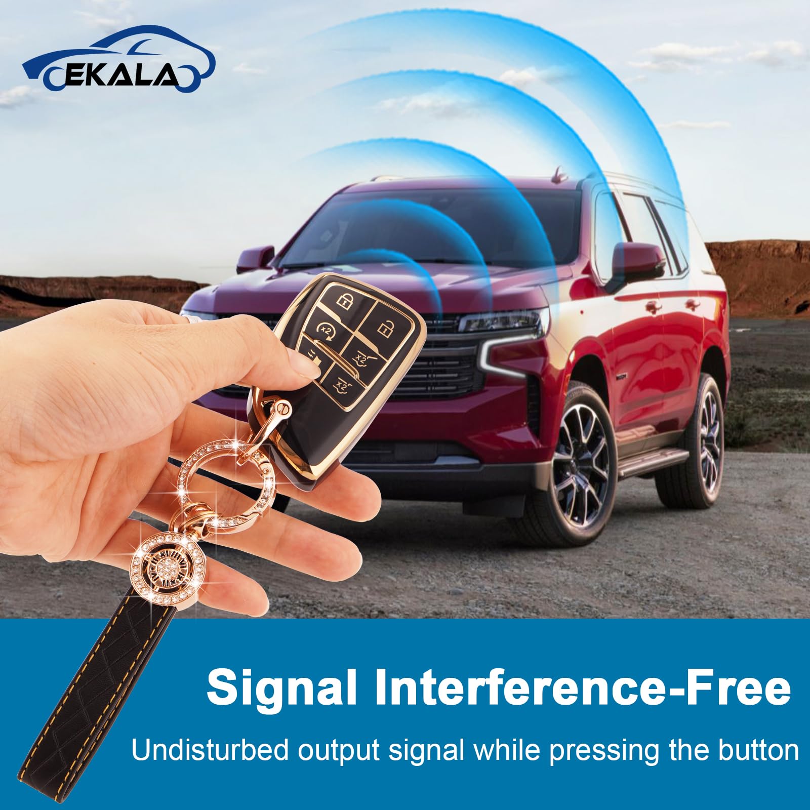 EKALA for Chevy Key Fob Cover with Leather Keychain 6 Buttons Soft TPU Car Keys Shells Compatible with 2021 2022 Chevy Suburban