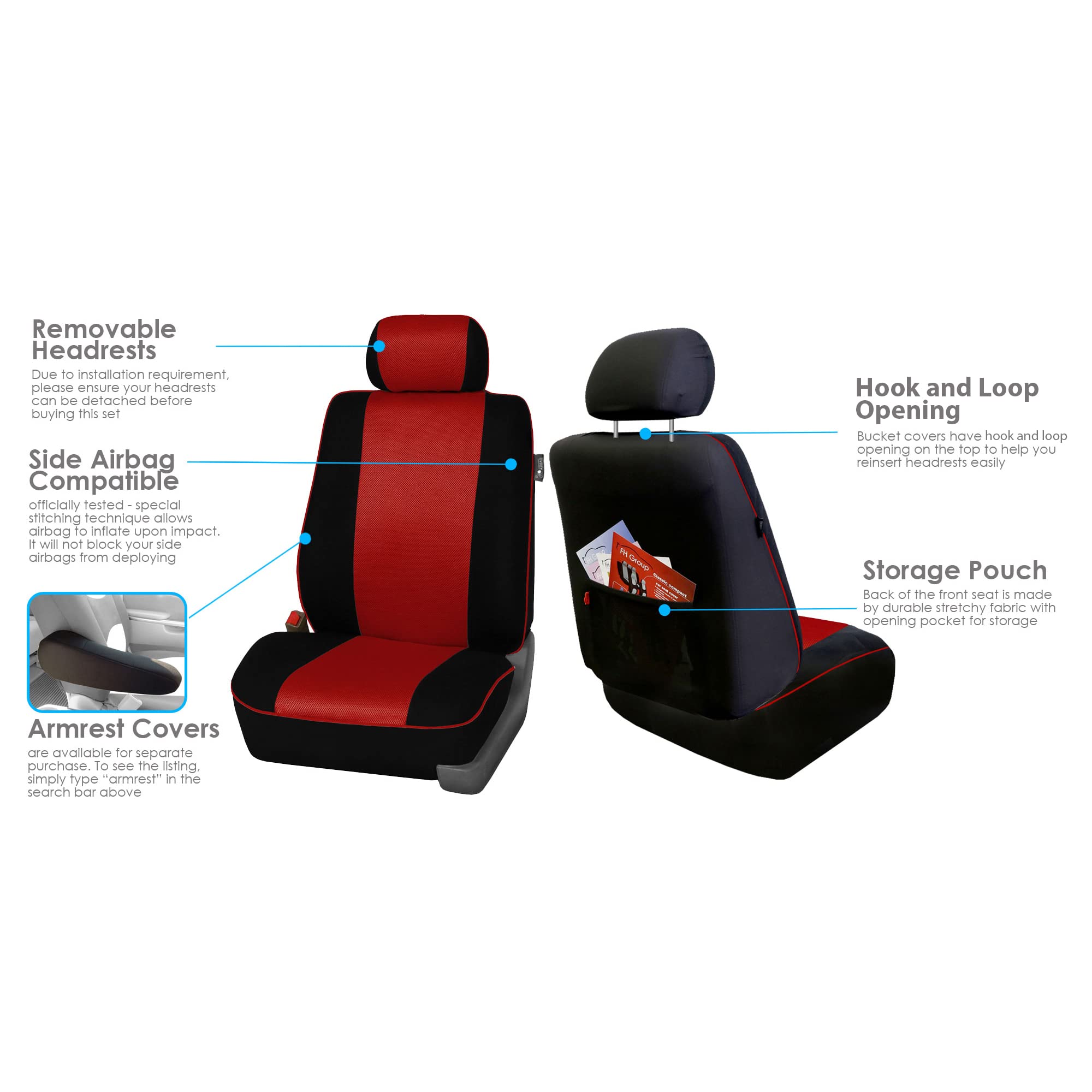 FH Group Edgy Piping Full Set Car Seat Covers, Airbag Compatible and Split Bench - Universal Fit for Cars Trucks and SUVs (Red/B