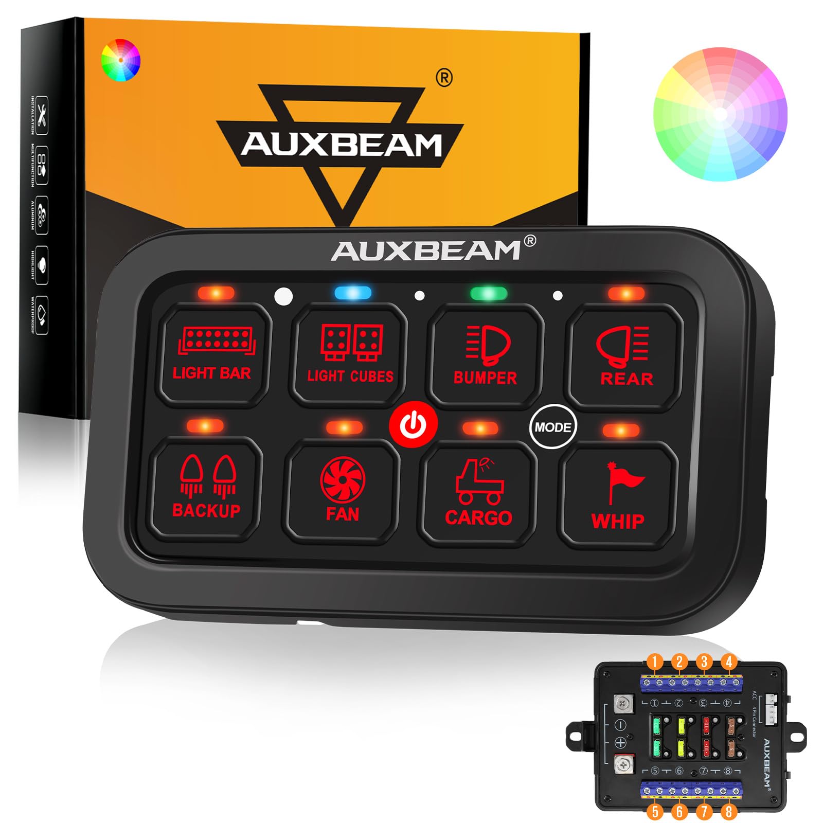 Auxbeam 8 Gang Switch Panel Rb80 Toggle Momentary Pulsed Rgb Dimmable Switch Panel Multifunction Switch Panel Two Sided Output M