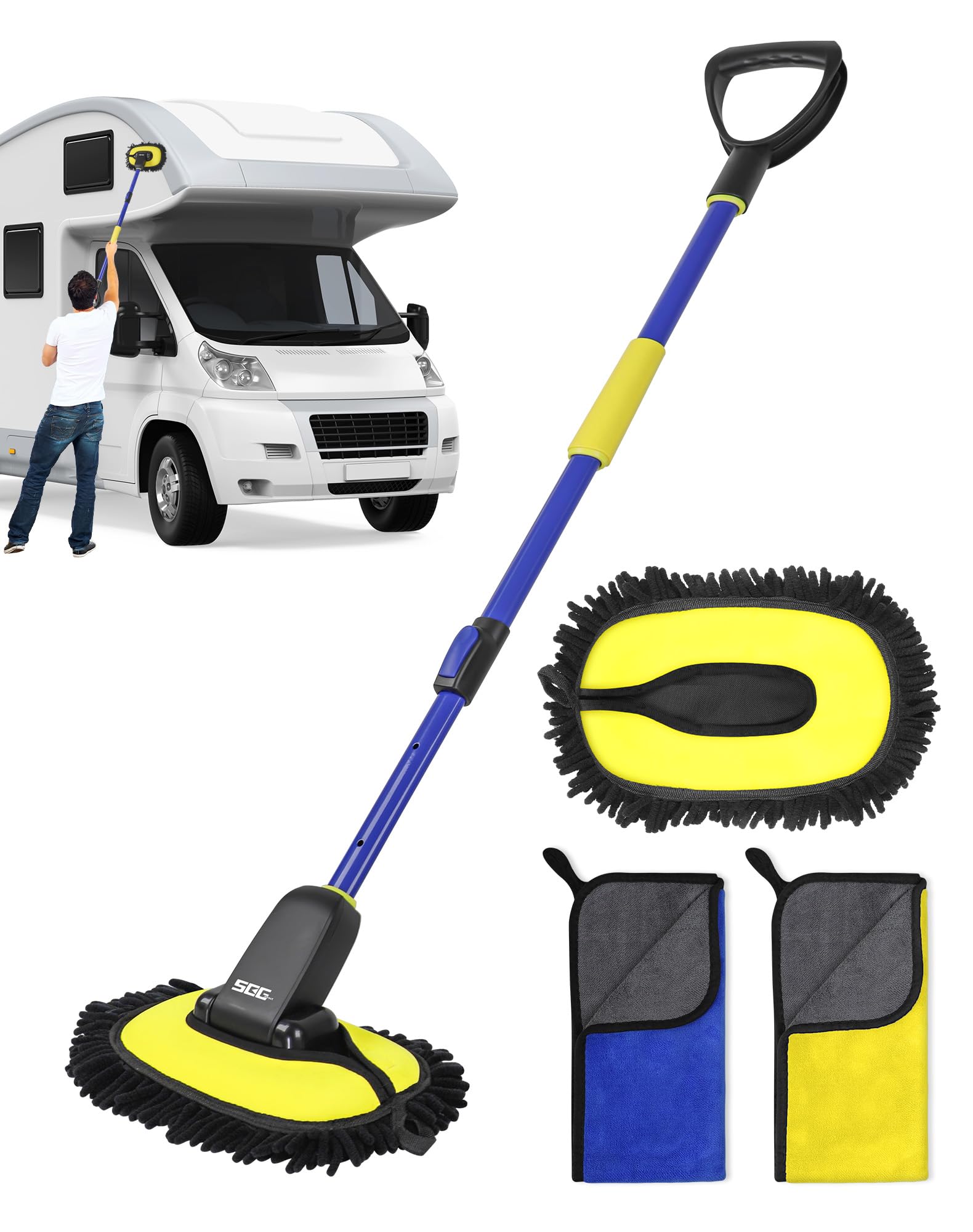 Seg Direct Car Wash Brush Mop Kit Extendable With Long Handle, Detachable Pole, D Shaped Grip, Chenille Scratch-Free Replacement