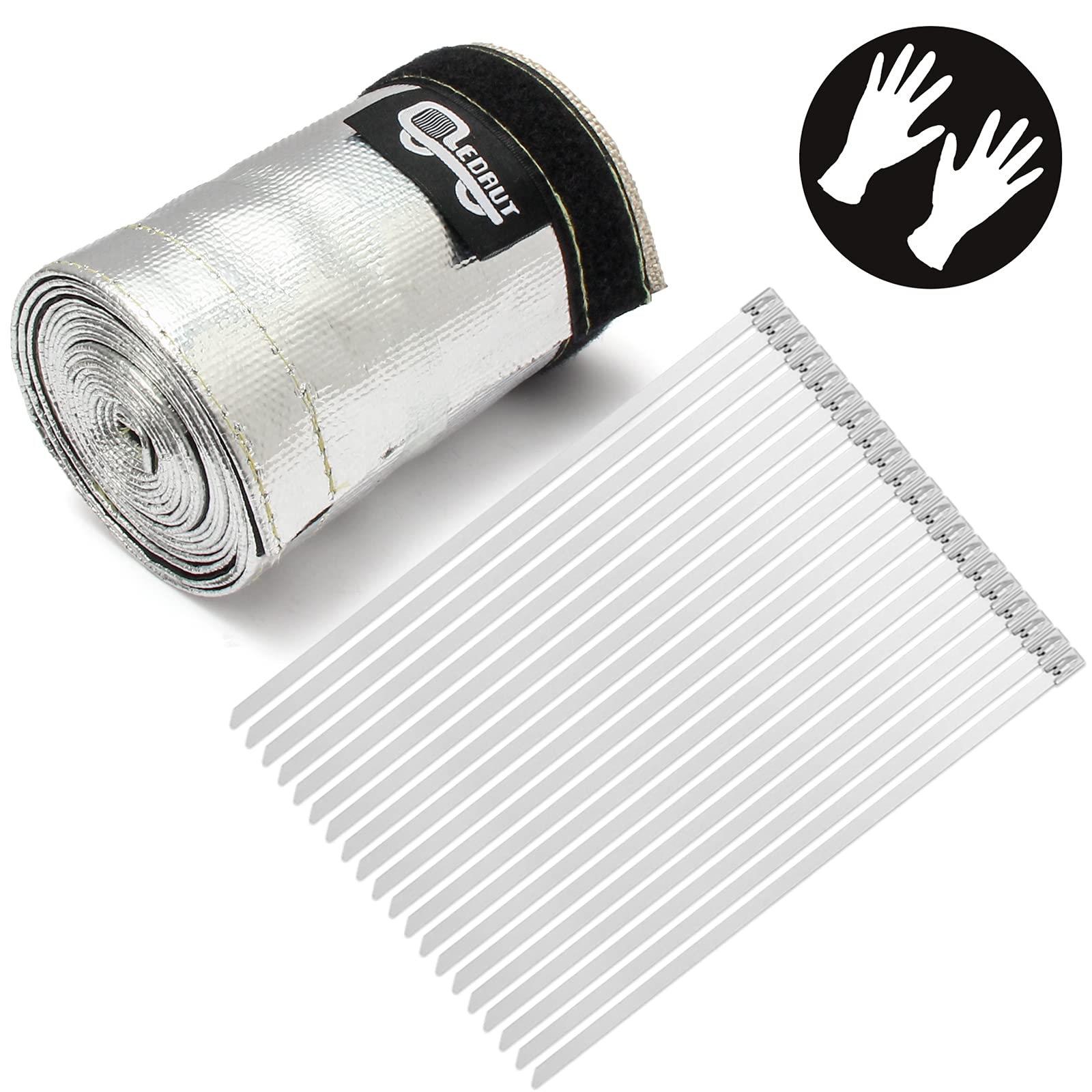 Heat Shroud Sleeve Aluminized 2 Pcs For Ultimate Heat Protection Hose Wire Shield 1-1/4''I.D. X 10Ft, With 20 Pcs 7.8Inch Stainl