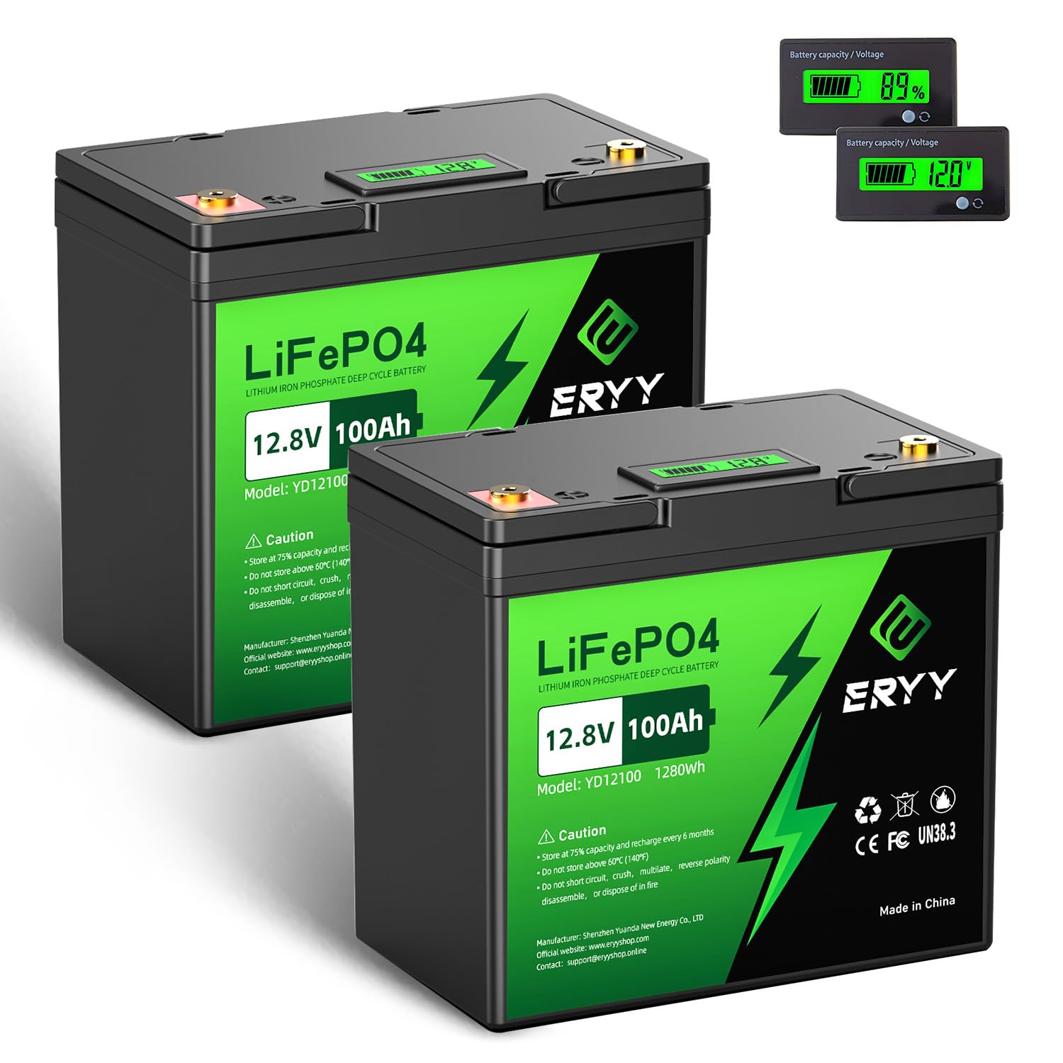 Eryy 12V 100Ah Lifepo4 Battery - 2 Pack, Rechargeable 12V Lithium Batteries With 100A Bms, Voltmeter, 5000+ Deep Cycle 1.28Kwh H