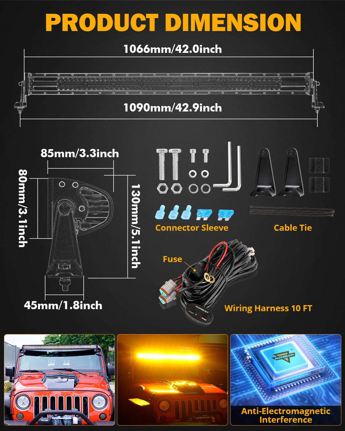 Auxbeam 42Inch 240W Led Straight Light Bar, 6 Modes Off Road Amber White Strobe Light, Dual Color Spot Flood Combo Beam Flashing