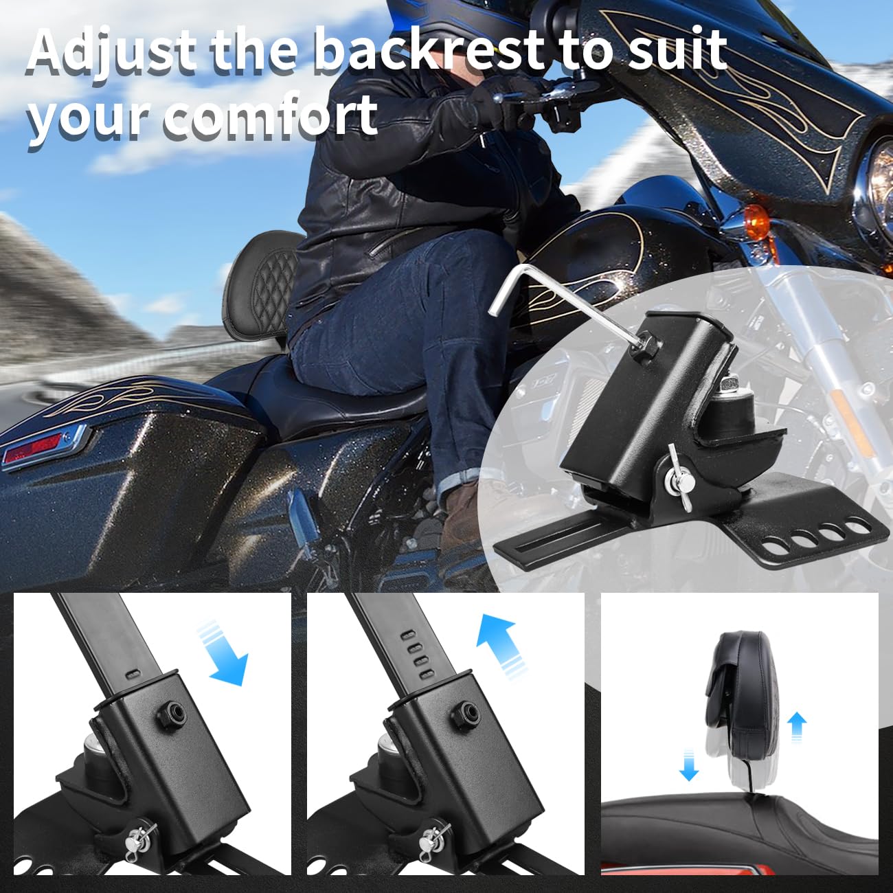 Aufer Black Adjustable Plug-In Driver Backrest Rider Backrest Custom Made Compatible With For Touring Models Road King Street Glide Road Glide Electra Glide 1997-2020 2021 2022 2023 2024