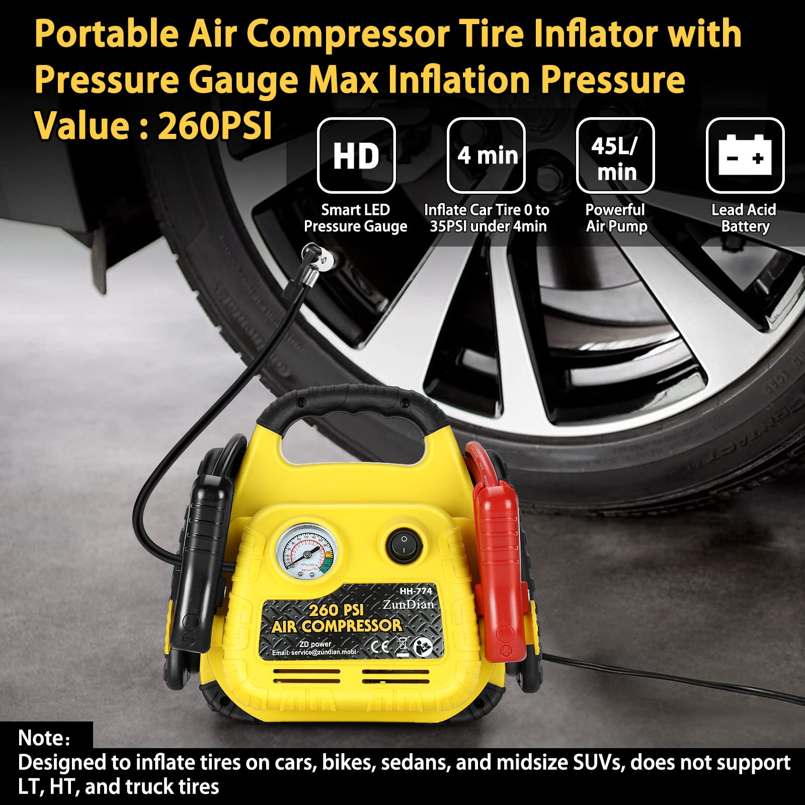 Zundian Jump Starter With Air Compressor 260Psi, 1000A Portable Car Jump Starter, 4-In-1 Battery Booster Pack For Vehicles(3L Ga