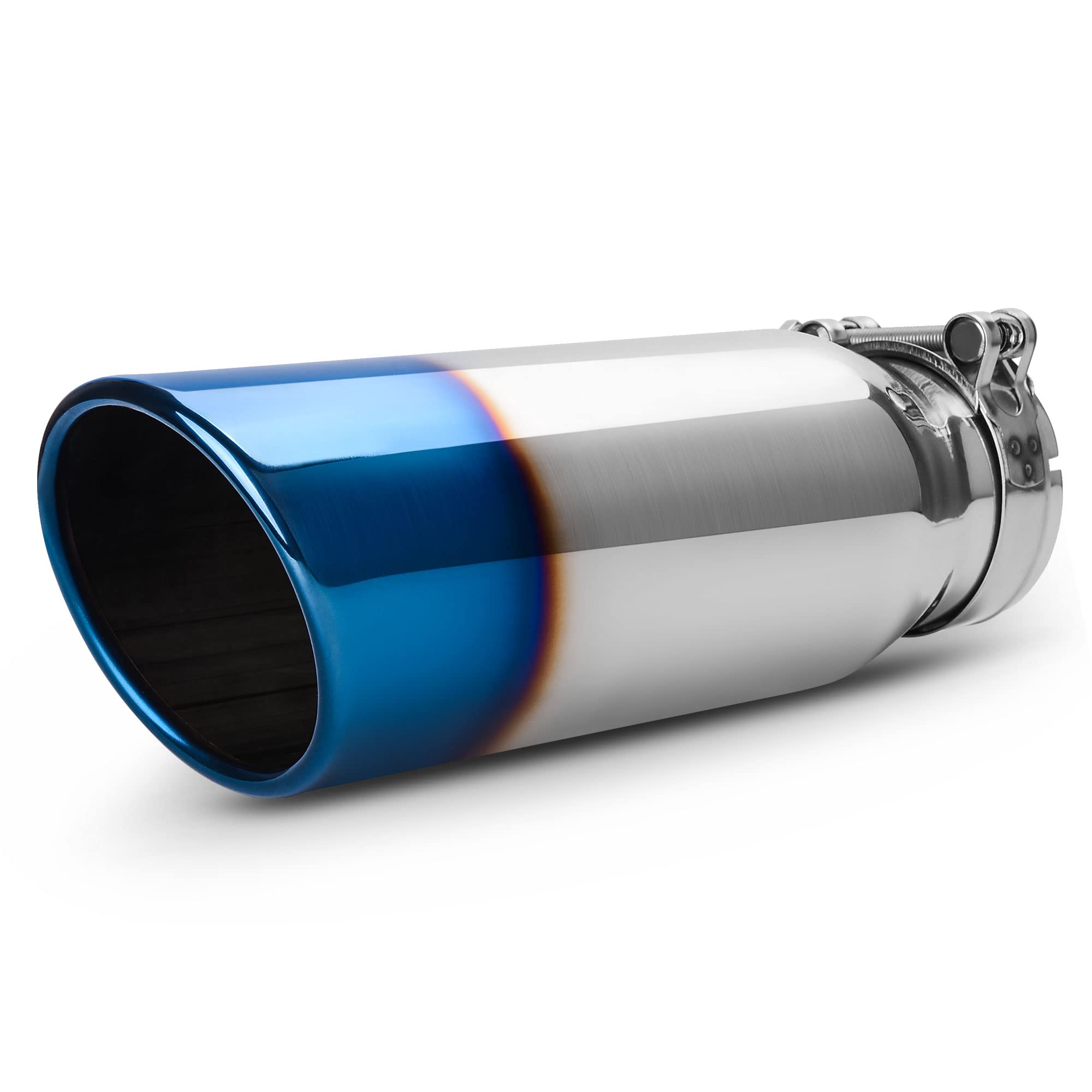 Autosaver88 3 Inch Exhaust Tip, 3 Inlet 4 Outlet 12 Overall Length Chrome Polished Stainless Steel Exhaust Tail Tip For 3 Outer Diameter Tailpipe, Rolled Angle Cut, Bolt/Clamp On, Burnt Blue