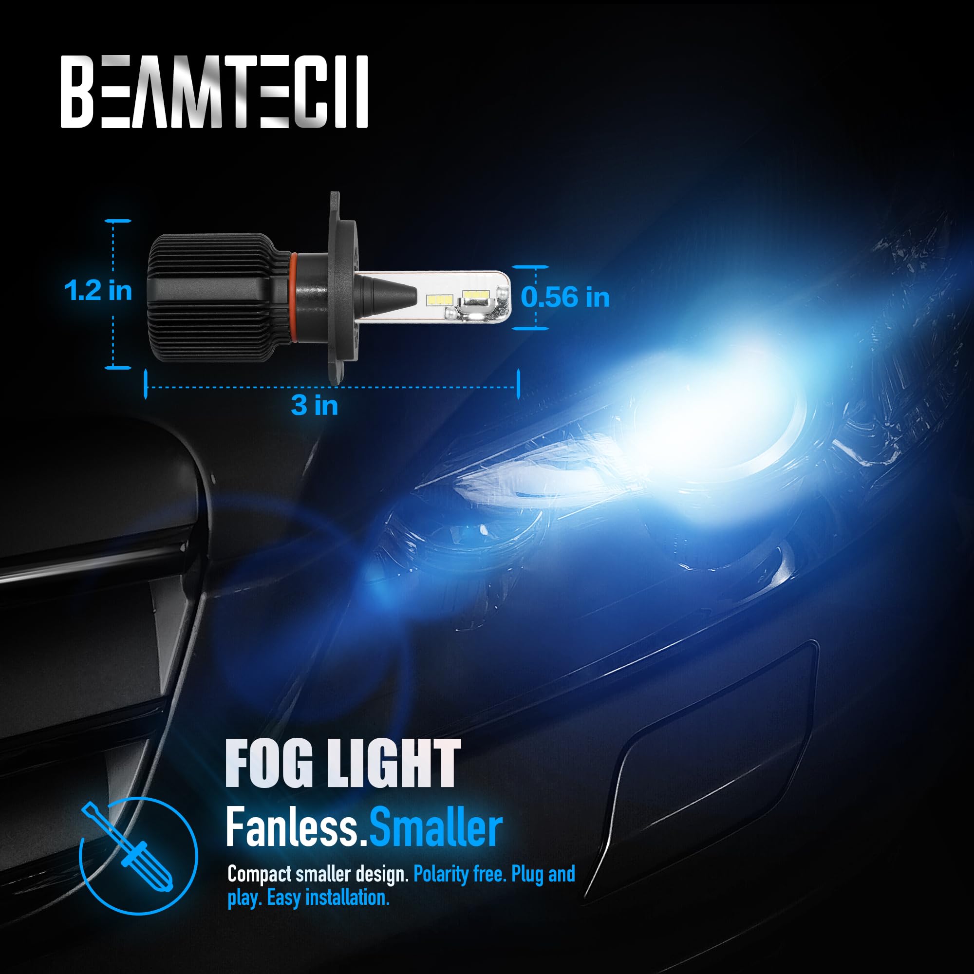 Beamtech H4 Fog Light Bulbs,9003 Bulb Fanless 6500K White Plug And Play Extremely Bright Of 2