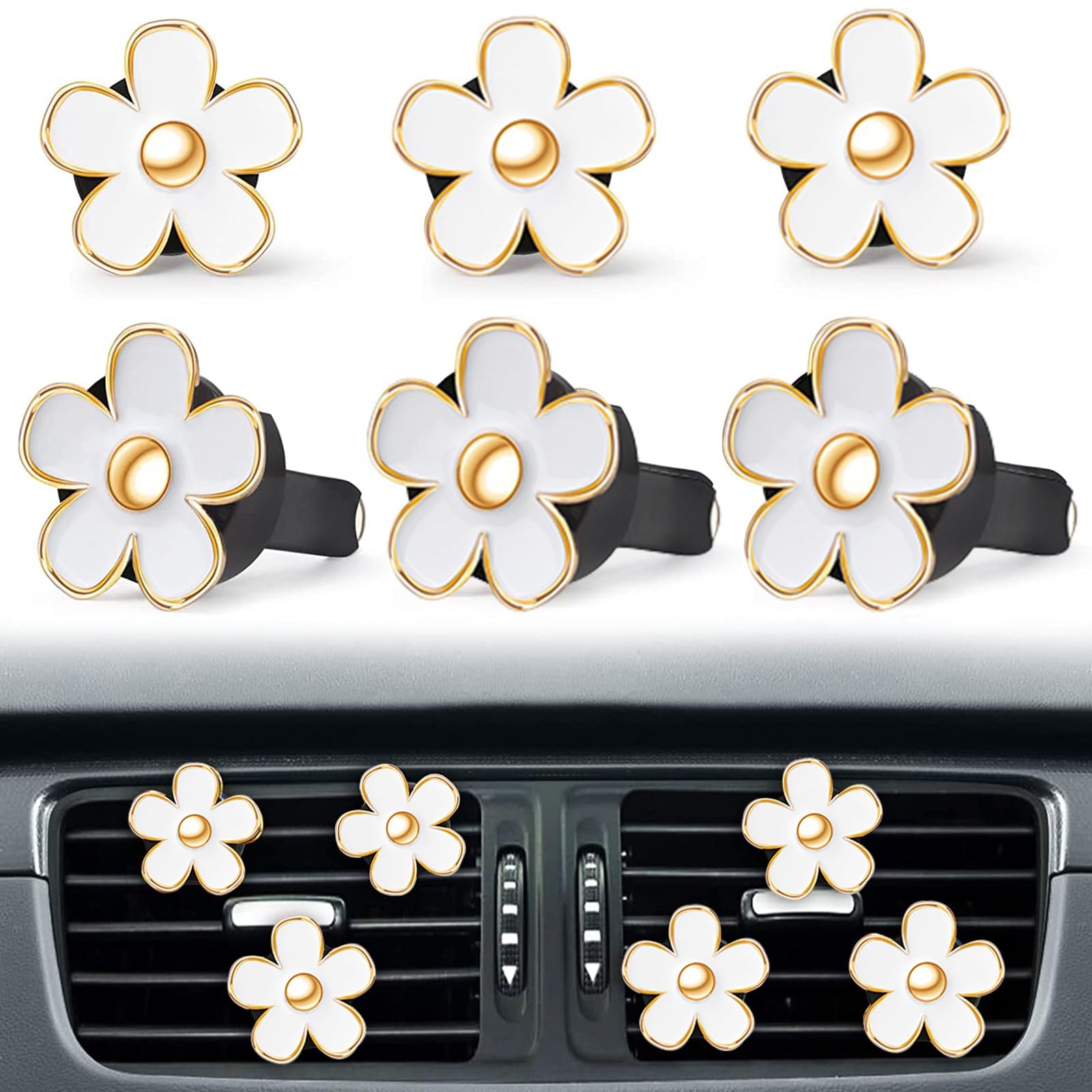 6 Pcs White Daisy Flower Air Freshener Outlet Clip Cars Conditioning Perfume Clips Charm Car Interior Decor Accessories For Wome