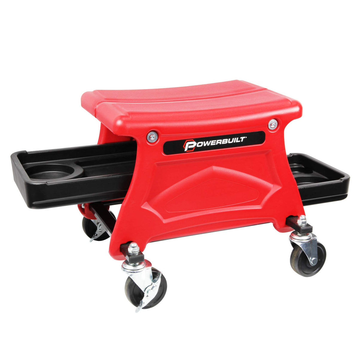 Powerbuilt Rolling Garage Seat with Tool Trays, Smooth Ball Wheel Bearing Casters 300 Pound Capacity Stool, Detailing, Motorcycl