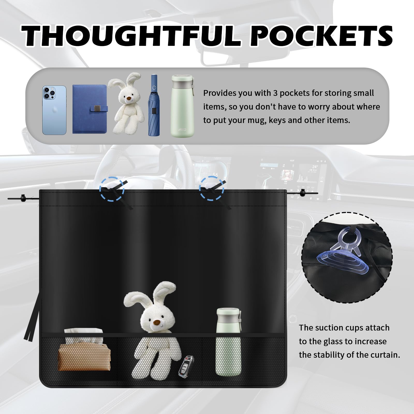 3PCS Car Window Shades for Privacy,Upgraded Side Car Curtains with Storage Pockets & 4PCS Suction Cups for Sun & Thermal Insulat