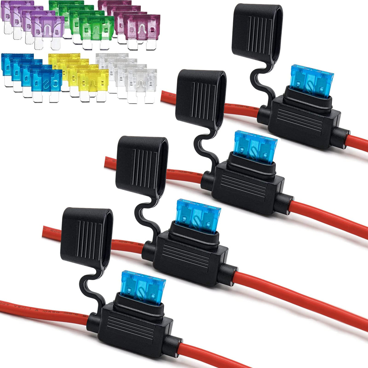 Fuse Holder ATC/ATO, 4 Packs in-Line Automotive Blade Fuse Holder with 24PCS Standard Car Fuses, 15A 20A 25A 30A 35A 40A Automot