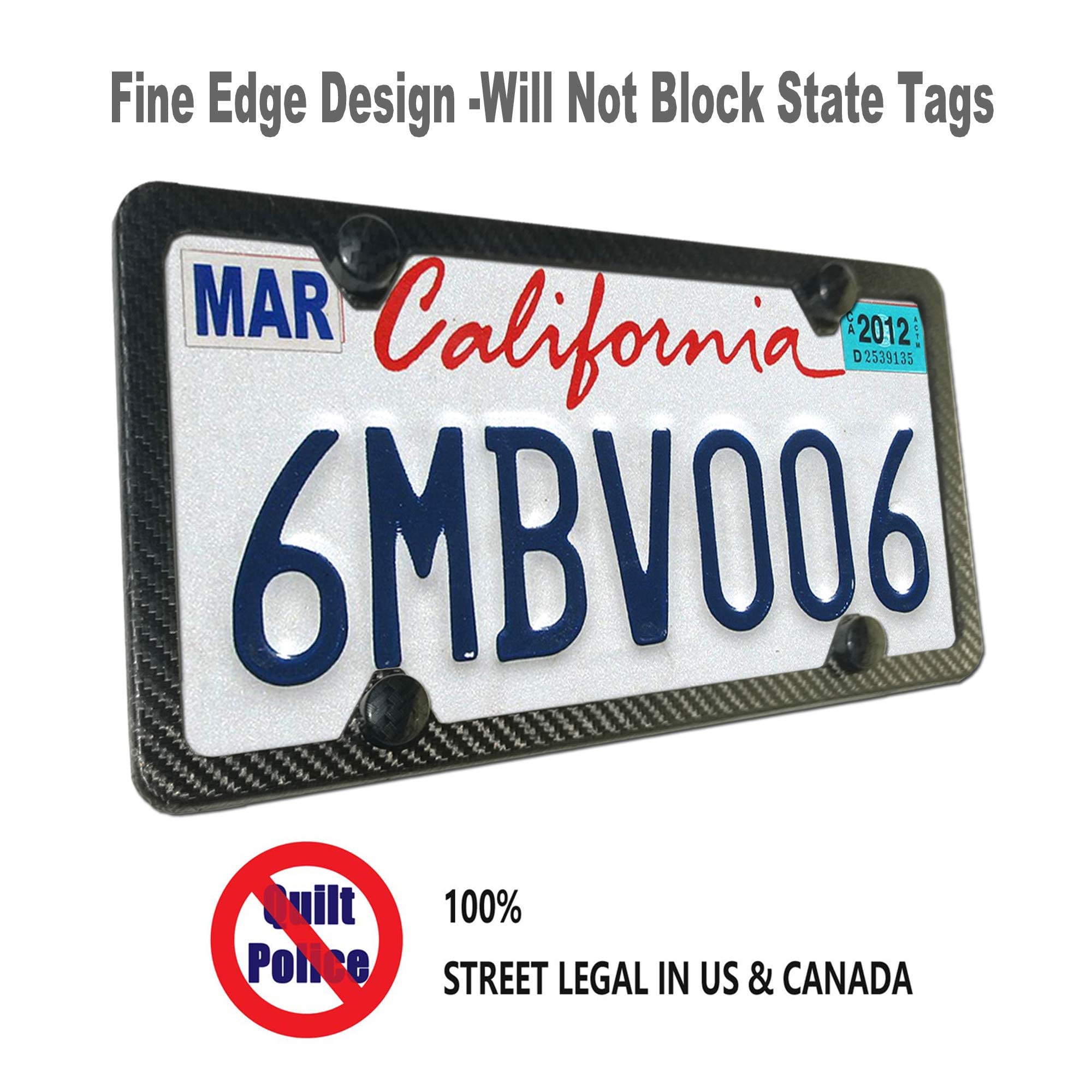 Zxfoog Carbon Fiber License Plate Frame- 100% Handcrafted Real Carbon Fiber Cloth Wrapped Holder, Slim Black Aluminum Car Tag Cover With Stainless Steel Screws Caps, Rattle Proof Pad, 1 Pack 4 Hole