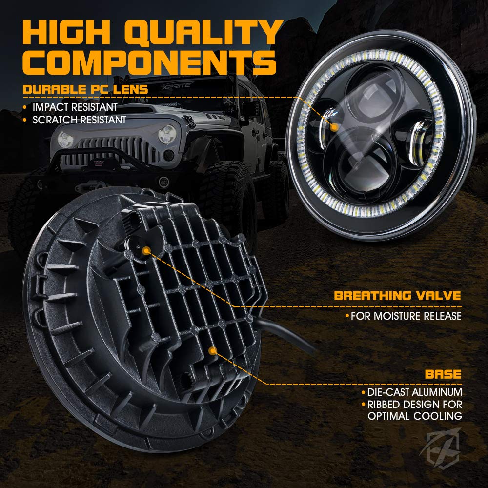 Xprite 7 Inch 90W Led Headlights With Green Halo Compatible With 1997-2018 Jeep Wrangler Jk Tj Lj (Dot Approved), Led Chip, 9600