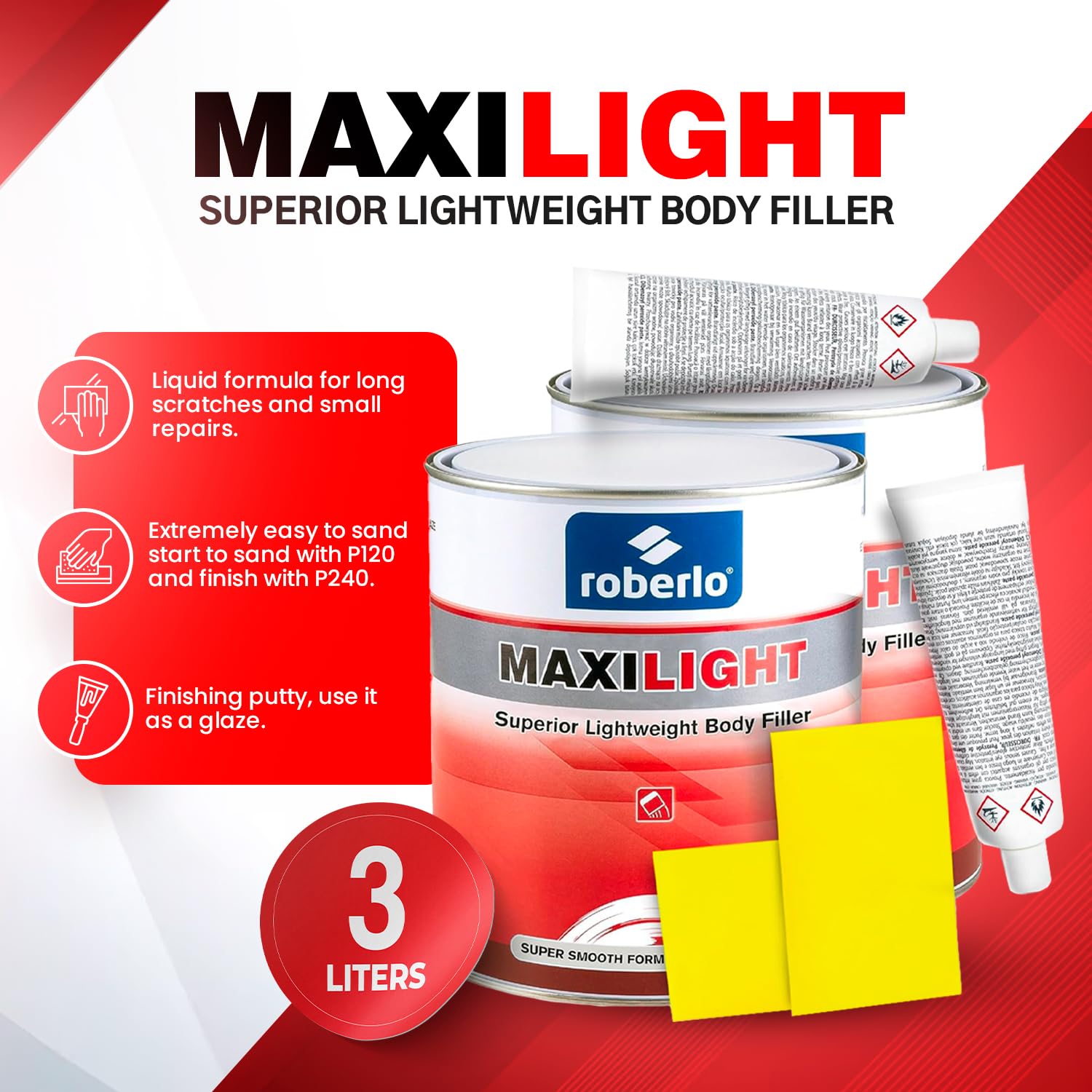 Roberlo Maxilight Superior Lightweight Body Filler - Repair for All Lengths Dents & Scratches, Perfect on Aluminum, Steel, Zinc,