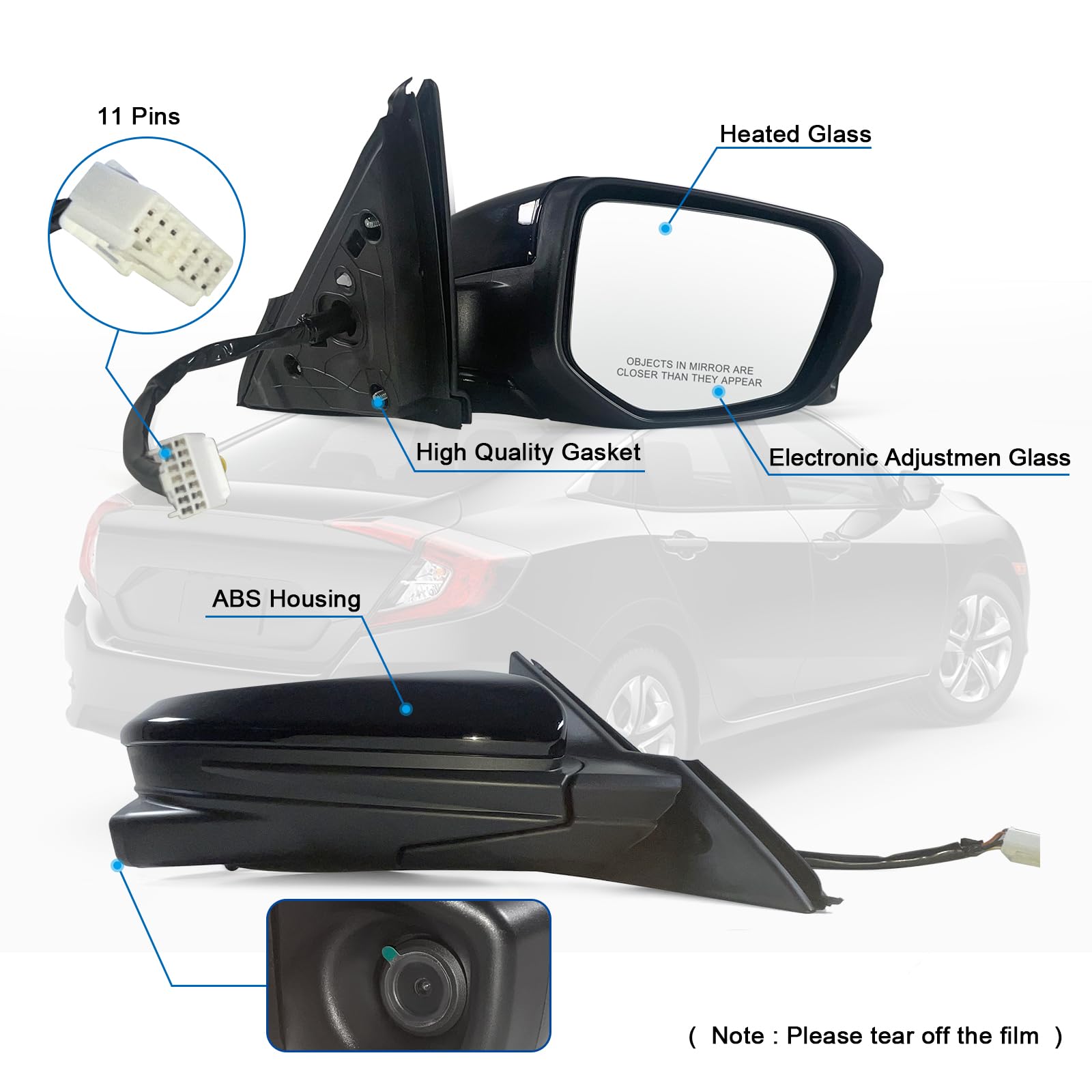 Lqito Right Passenger Side Door Mirror Compatible with 2016-2021 Honda Civic Sedan/coupe/hatchback Lx/Ex/Sport with Power Heated