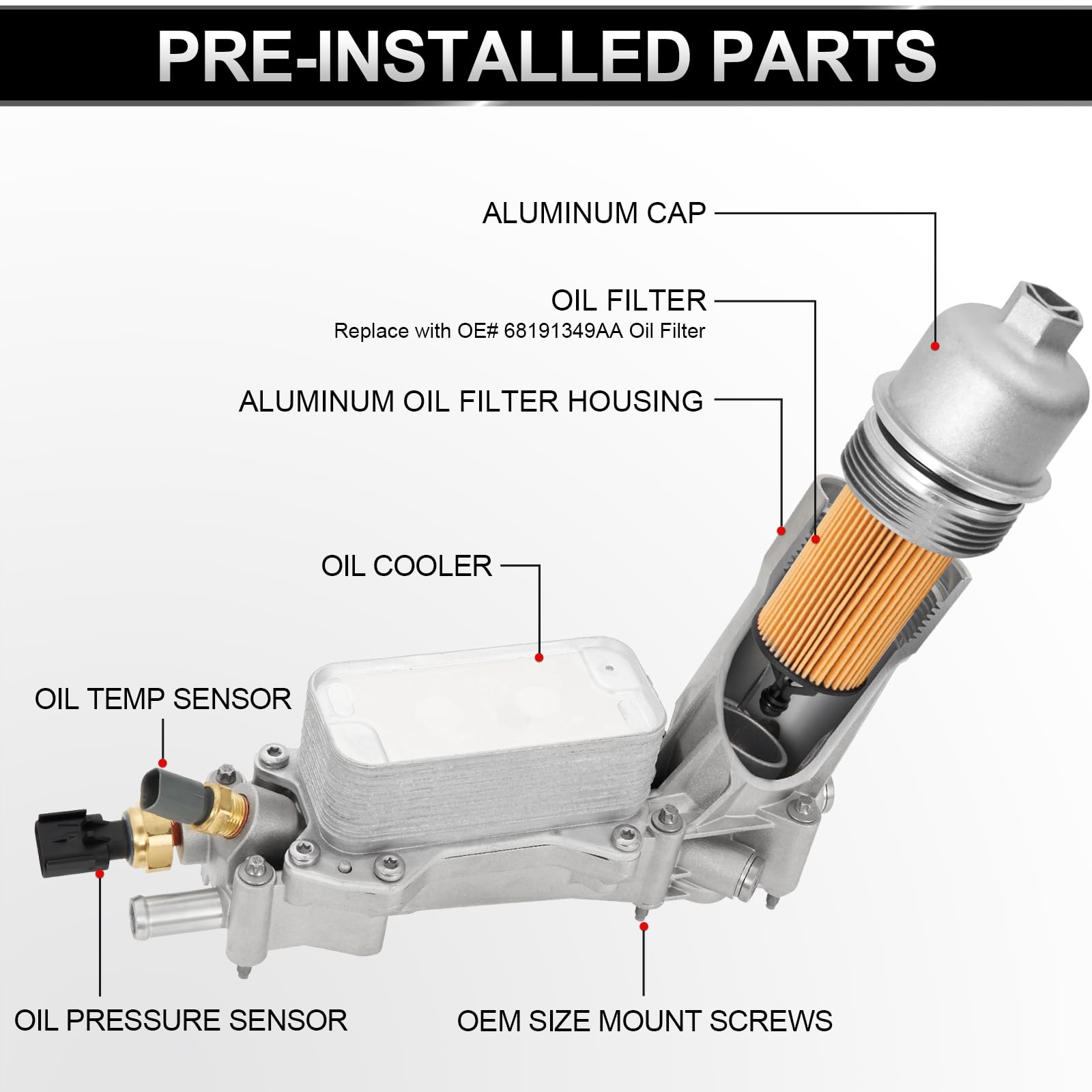 926-959 Upgrade Full Aluminum Engine Oil Filter Housing Oil Cooler Kit With Gaskets & Sensors Compatible With 2011-2016 Chrysler