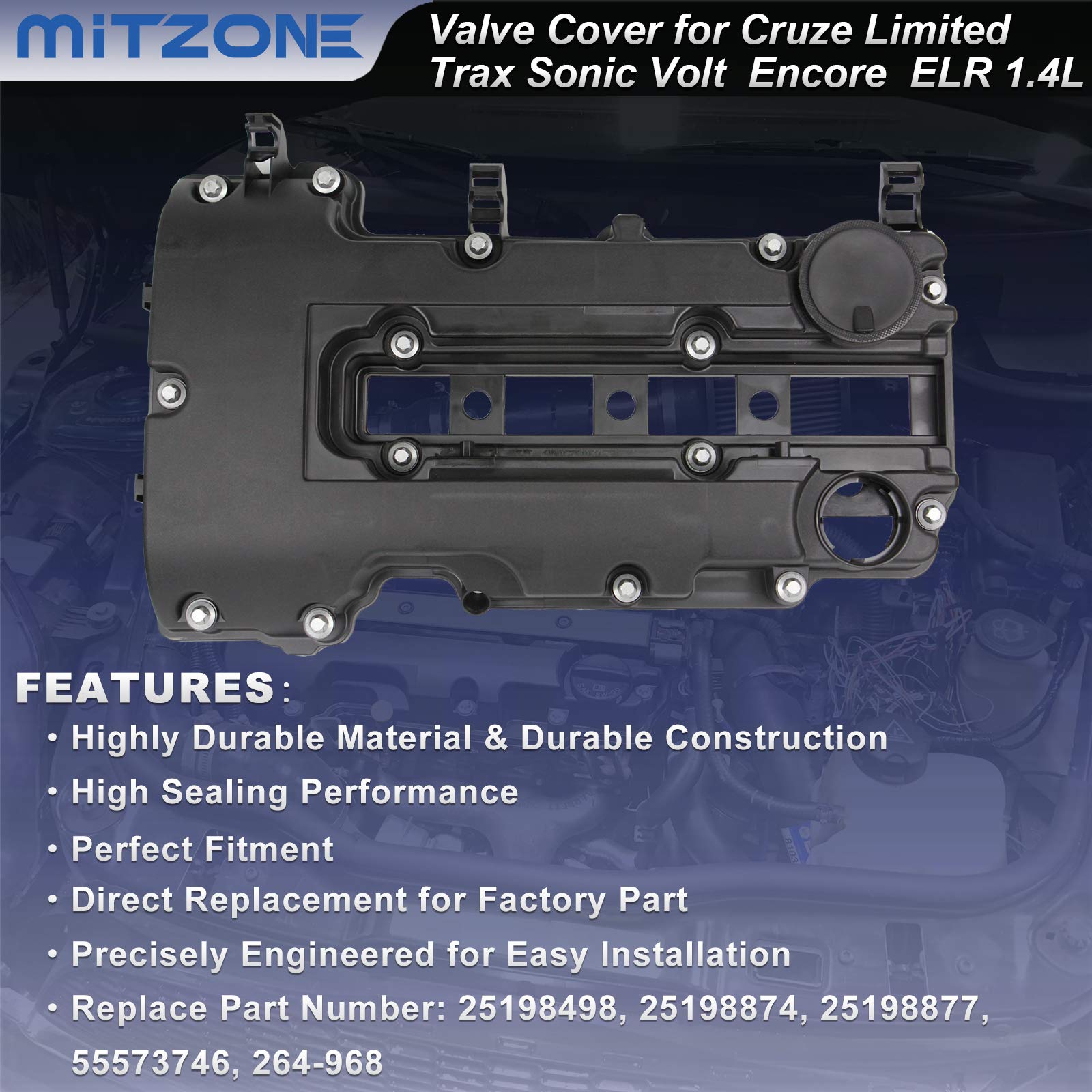 Mitzone Engine Valve Cover Kit W/Gaskets & Bolts Compatible With 2011-2020 Chevrolet Chevy Cruze Sonic Volt Trax Buick Encore Cadillac Elr 1.4L L4 Replaces # 25198874 55573746 264-968