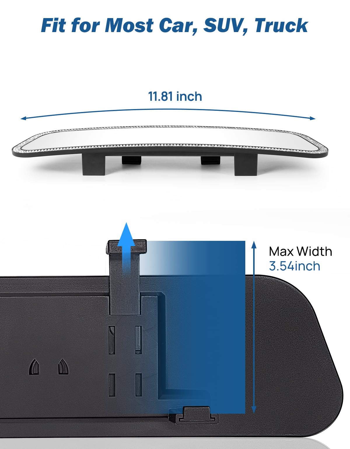 Joytutus Bling Car Rear View Mirror, 12 Inch Panoramic Rearview Mirror, Interior Clip-On Wide Angle Convex Universal Rear View T