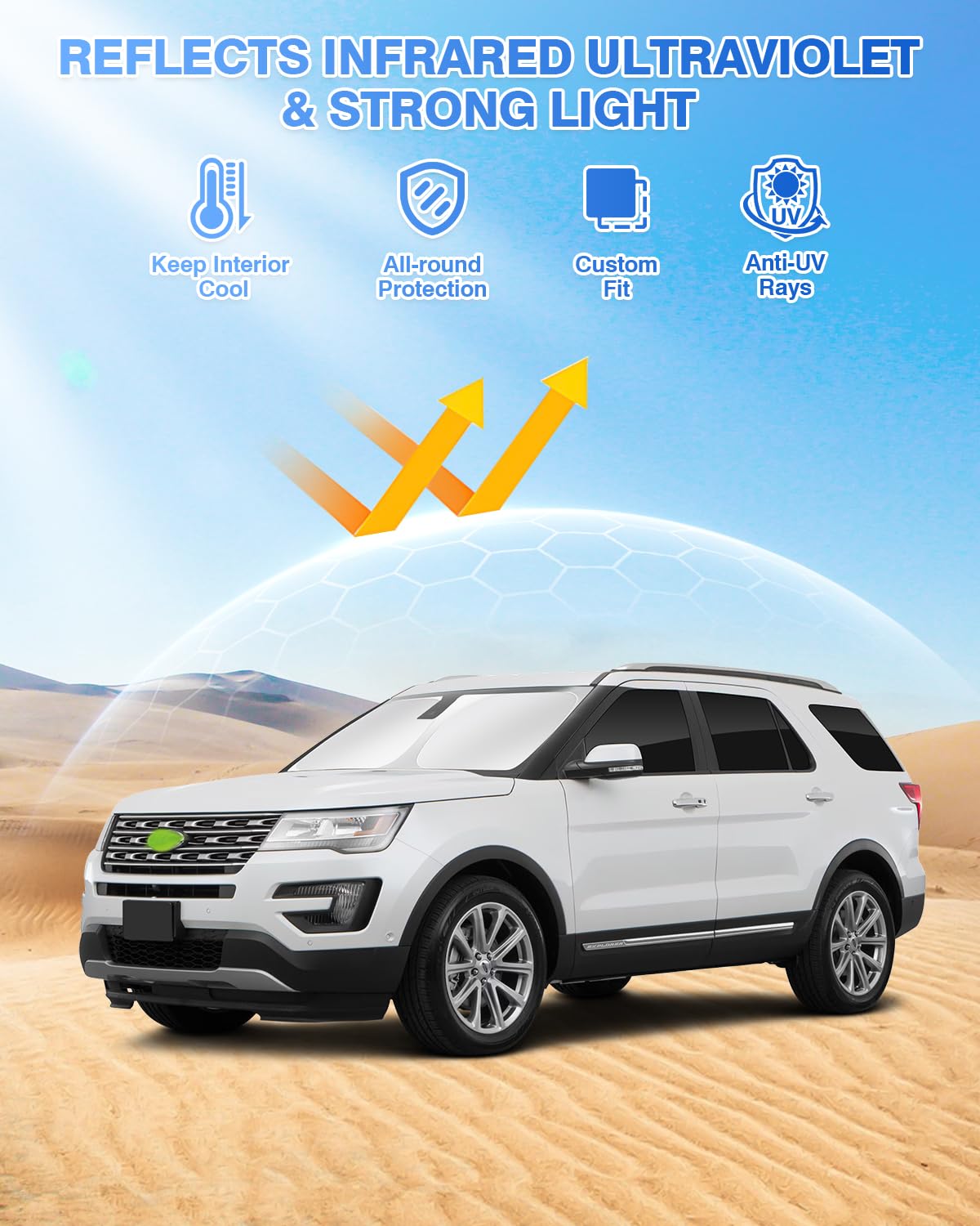 Canvcle Black Sunshades for Ford Explorer 2011-2019 - Windshield & Side Window Cover, 8PCS Privacy Protection, Keeps Vehicle Cool