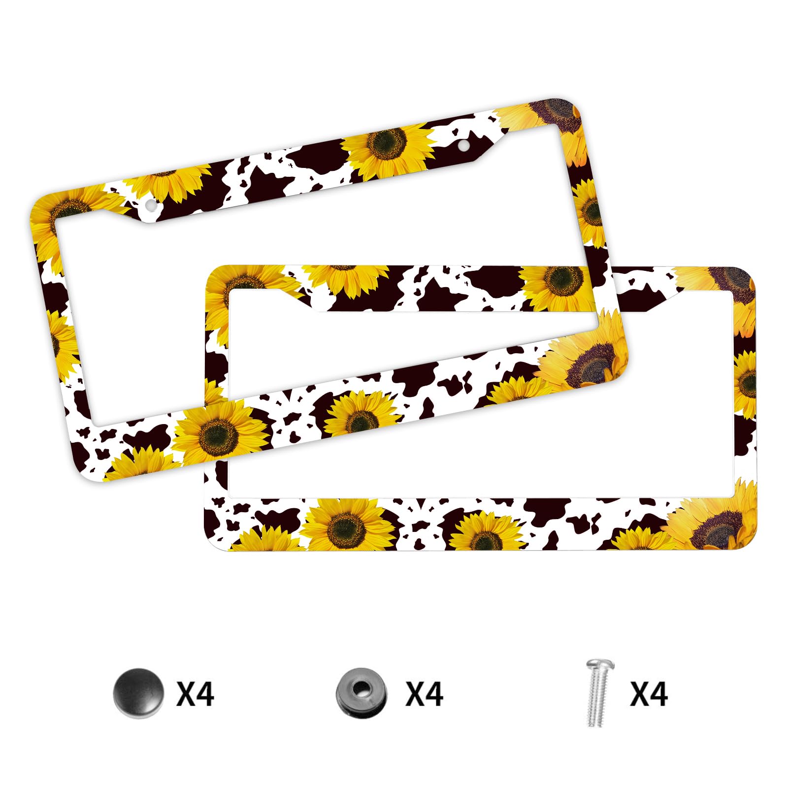 2 Pcs Sunflower Cow Print License Plate Frame Brown Cow Patten Car Tag Frame License Plate Holder Auto Tags Cover 2 Holes Screws