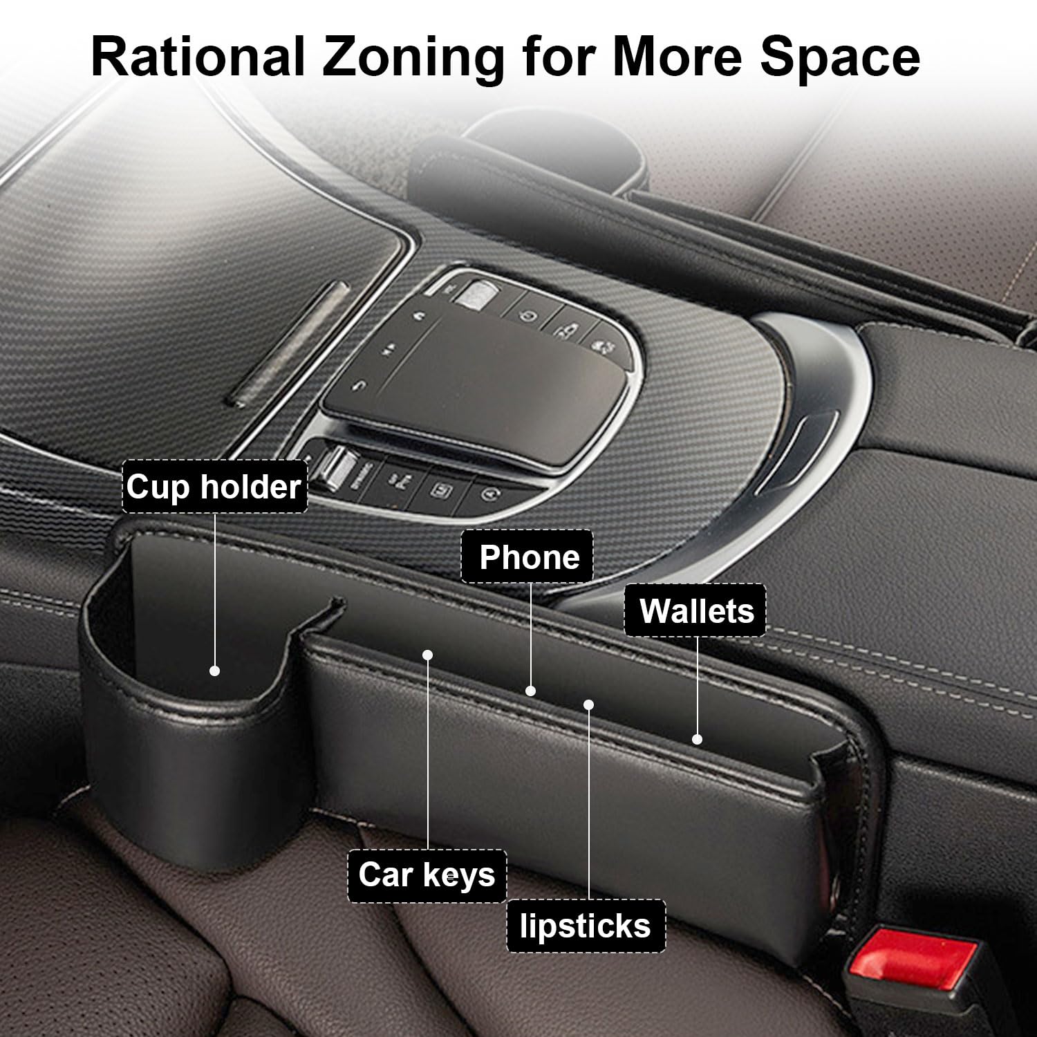 JINRUITOP Car Seat Gap Filler Organizer with Cup Holder, 2 Pack Adjustable Leather Car Side Seat Storage Box, Multifunction Inte