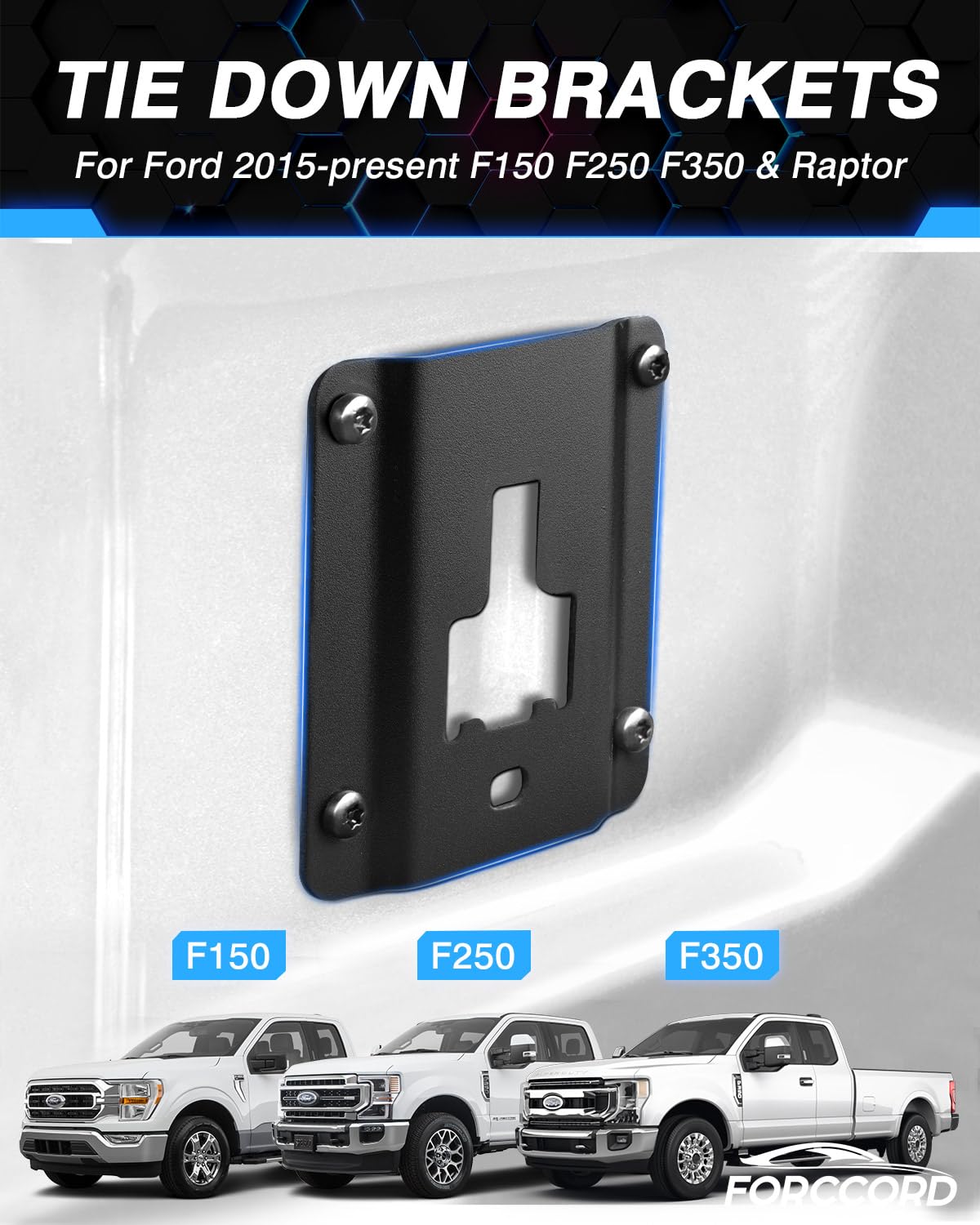 Forccord Tie Down Anchors Plates for Ford F150/F250/F350 2015-2026, Alloy Steel, Black, Includes 18 Torx Screws & Install Tool