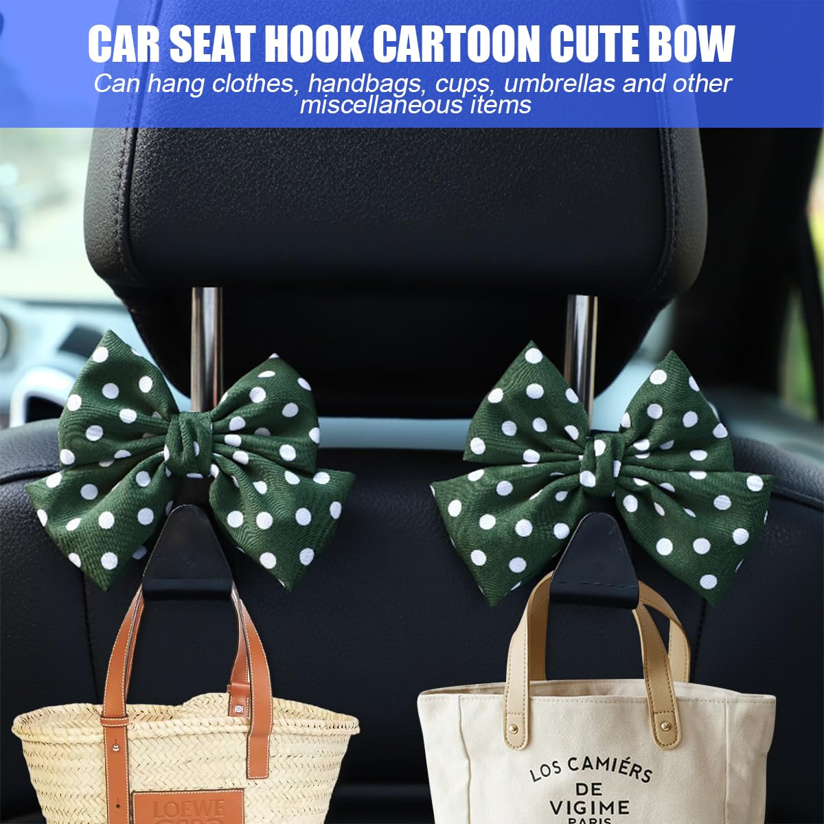 Mandark 2-Piece Car Seat Hooks - Cute Bow Vehicle Hooks for Purses and Bags - Universal Automotive Hanger for SUV, Sedan, Truck